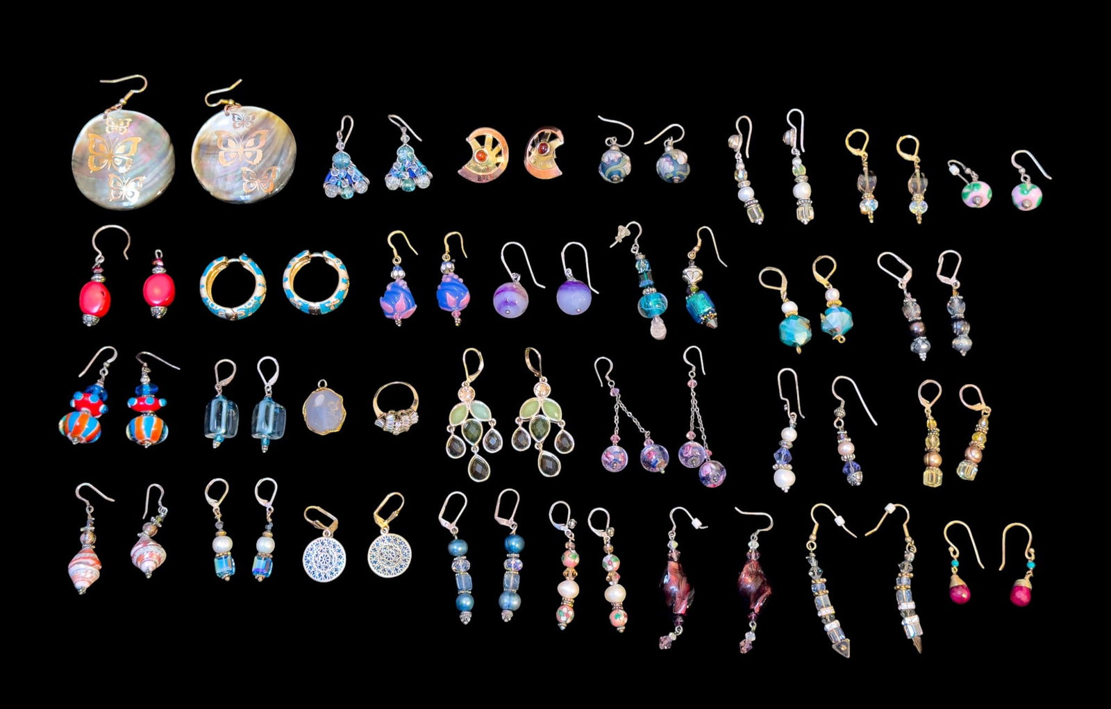 Variety of Vintage Pierced Earrings: Includes pearl, glass, bronze hoops, hand made and other earrings; also includes a c.z. fashion ring.