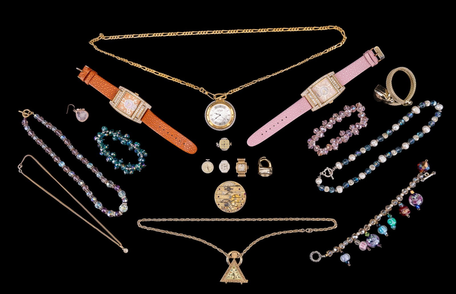 Watches and Jewelry: Includes 2 Gossip watches, vintage ring watch, a modern Waltham Masonic, modern Futura pocket watch, a handful of watch movements only and a variety of artisan glass and pearl jewelry.