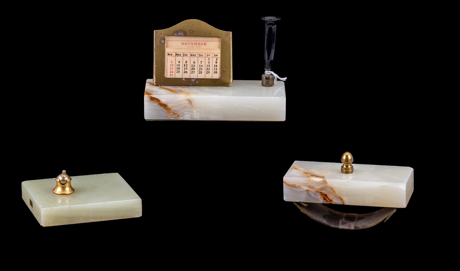 Vintage Parker Pen Desk / Stationary Trio: Three same marble based desk items with a calendar and pen holder on one, a blotter, and a pen holder with movable ball that would hold a screw on pen cup - missing pen cup / holder. One retains origi