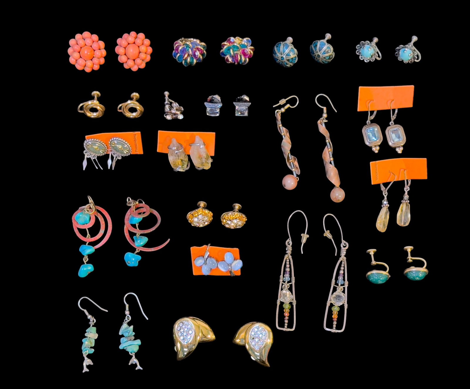 Sterling and Artisan Crafted Earrings: A collection of pierced, clip on, and screw back earrings featuring a natural facet cut citrine pair with sterling hooks, artisan natural rough citrine studs in sterling setting, turquoise chip inlay 