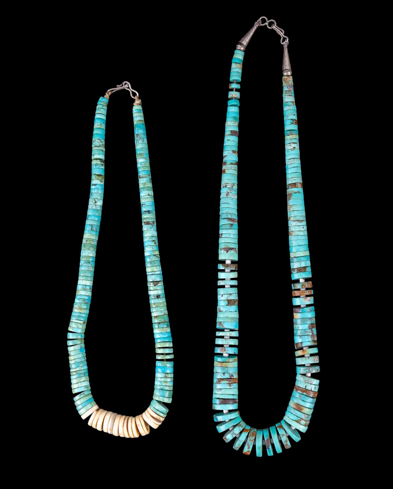 Graduated Turquoise Necklaces: Two graduated turquoise disc bead necklaces, one featuring disc beads carved seashell, longest measures approx. 9" on the drop.