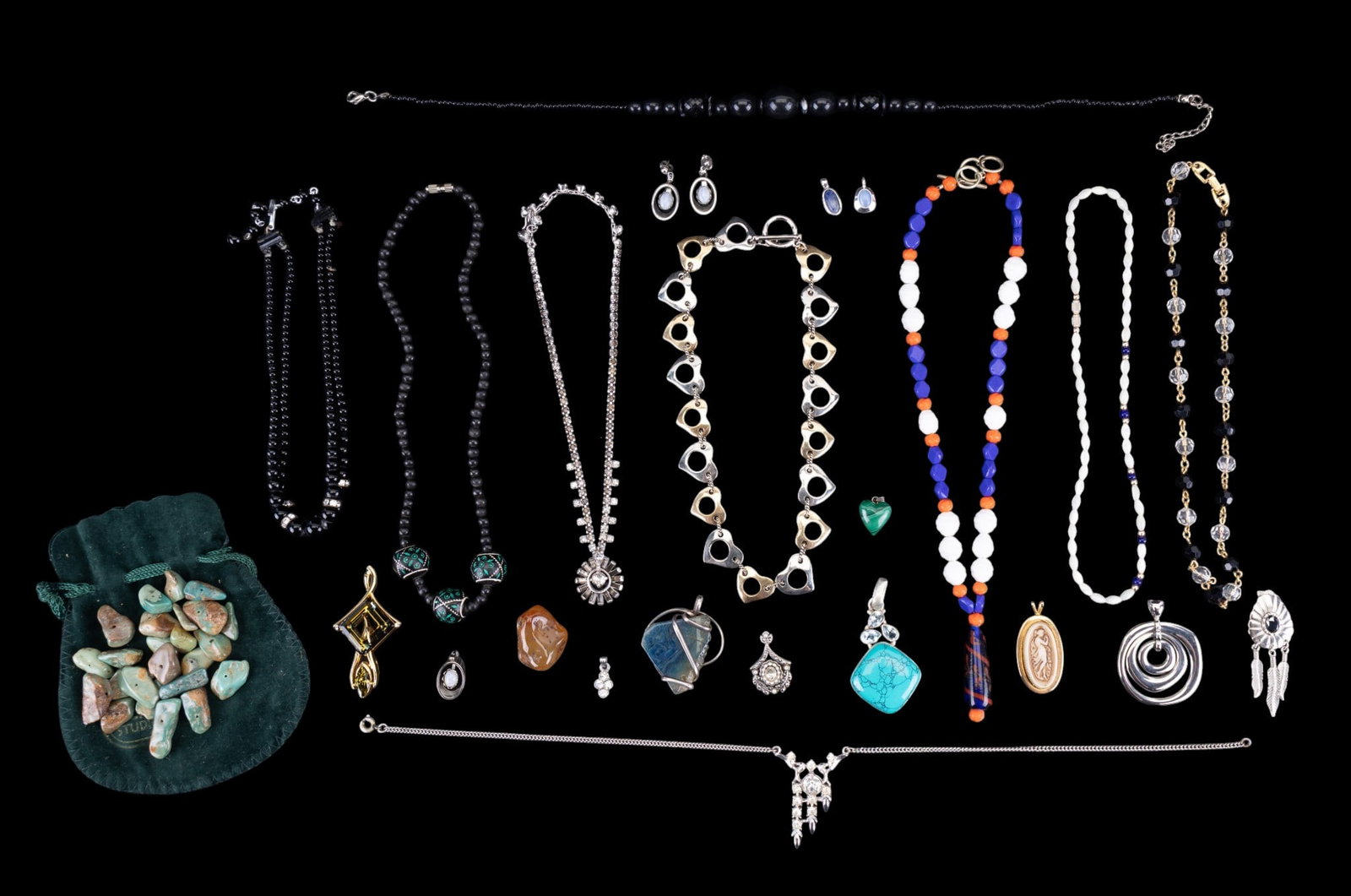 Natural Stone, Art Glass, and Other Necklaces: A collection of art glass and natural stone jewelry including loose turquoise chunks with holes drilled for beading, vintage blue, white, and orange glass bead necklace with art glass pendant, wire wr