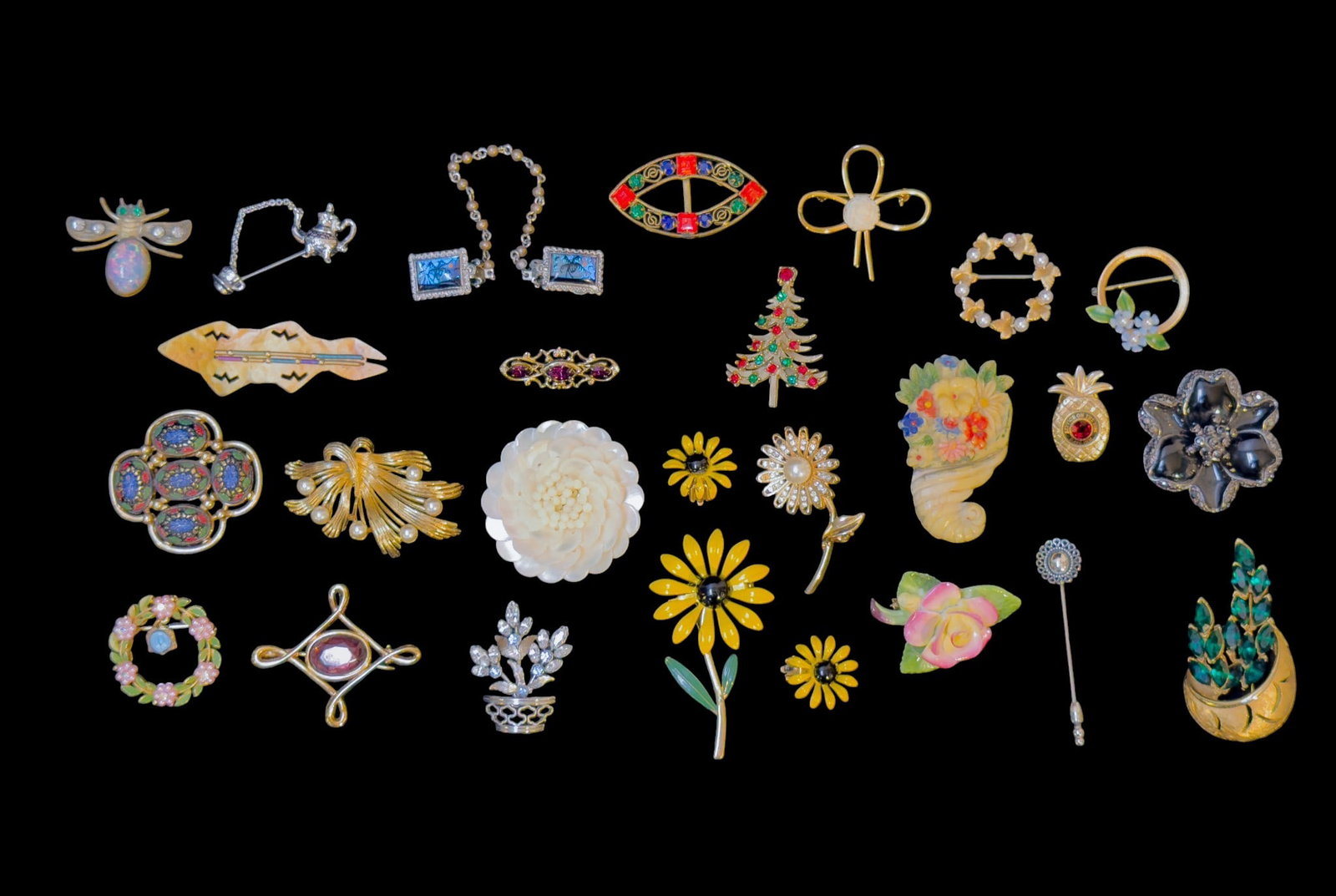 Vintage Designer and Costume Brooches: A collection of vintage designer brooches including brands such as Sarah Coventry, Lisner, Act II, and other costume brooches featuring styles such as rhinestones, faux pearls, Christmas, enamel, figu