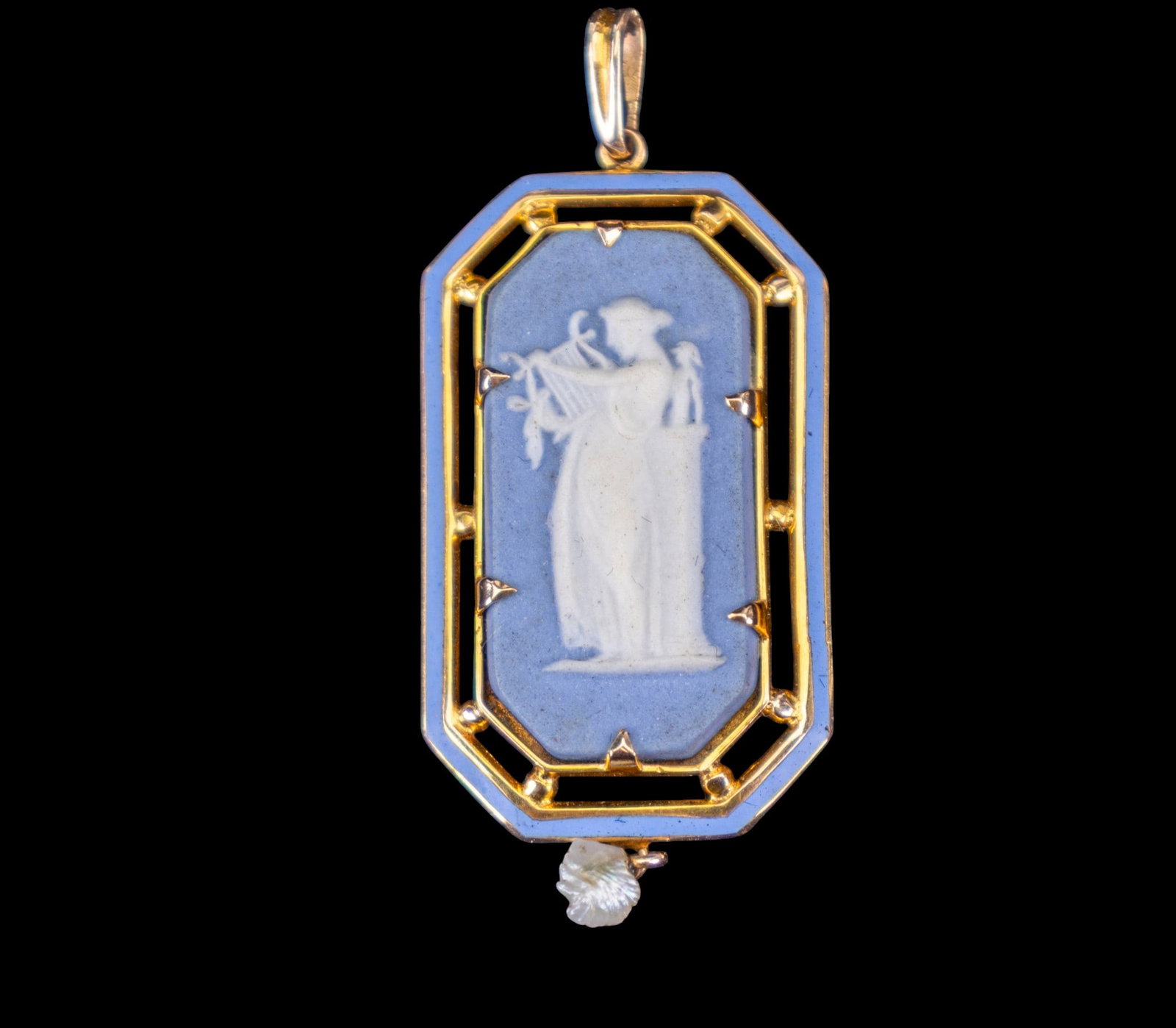 Wedgwood Blue Jasperware Pendant: A gold tone framed Wedgwood blue Jasperware pendant featuring a cultured pearl dangle. Pendant measures approx. 1.25" H.