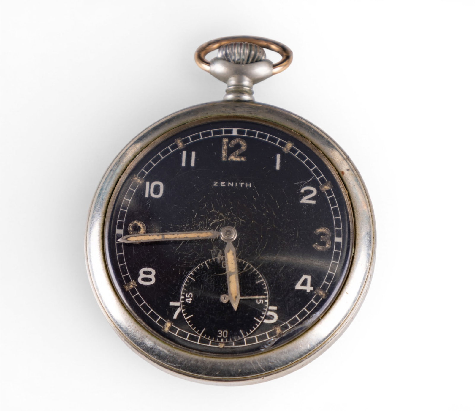 Early Zenith Military Pocket Watch: An early Zenith Military stainless pocket watch #D. 8408947 H. Dial diam. measures approx. 1.625". We assume the back spins off but we do not have a matching tool , there is some roughness about edge.