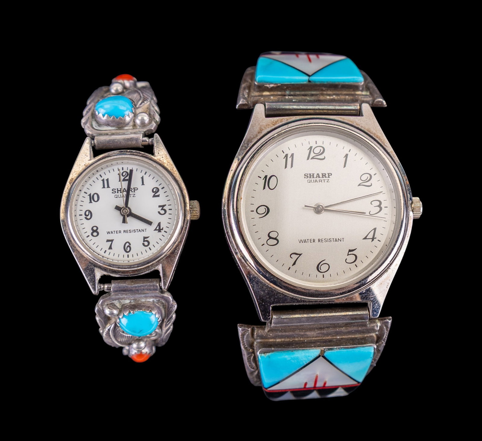 Native Style Turq. Sterling Wrist Watches (2): A unisex Sharp wrist watch featuring a band with sterling silver band accents with turquoise, onyx, and mother of pearl inlay #253445 and a ladies Sharp wrist watch with sterling band accents featurin
