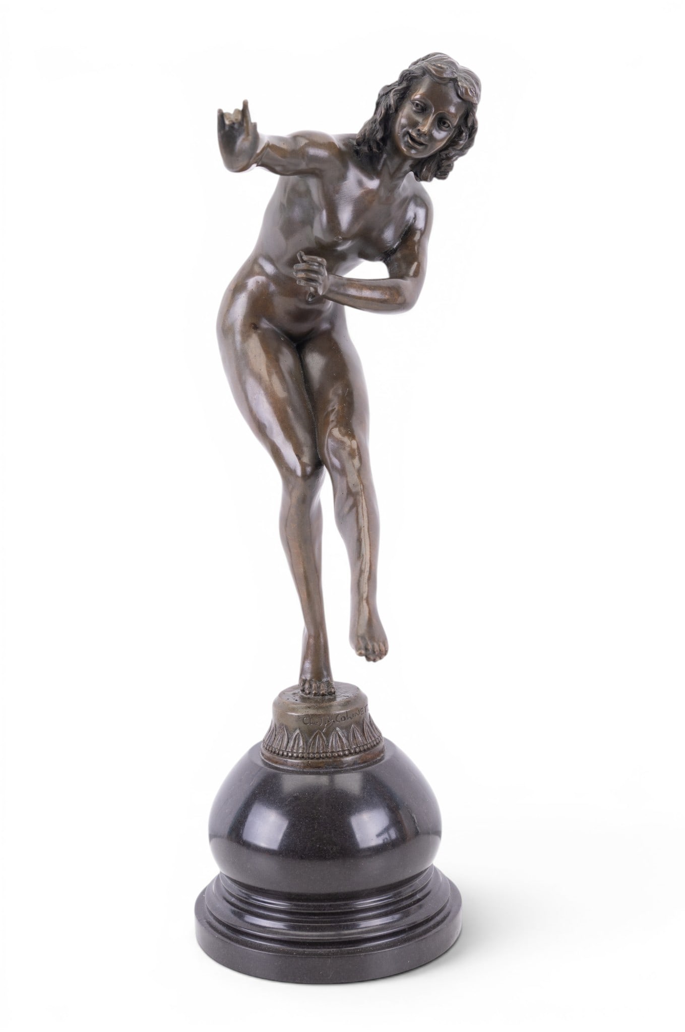 Art Deco Bronze Figural Sculpture, Signed: Art Deco bronze figural sculpture depicting a nude female in dynamic pose, mounted on a rounded base. Signed "Ch. Jr. Cohinet" to base. Measures approx. 18" Tall.