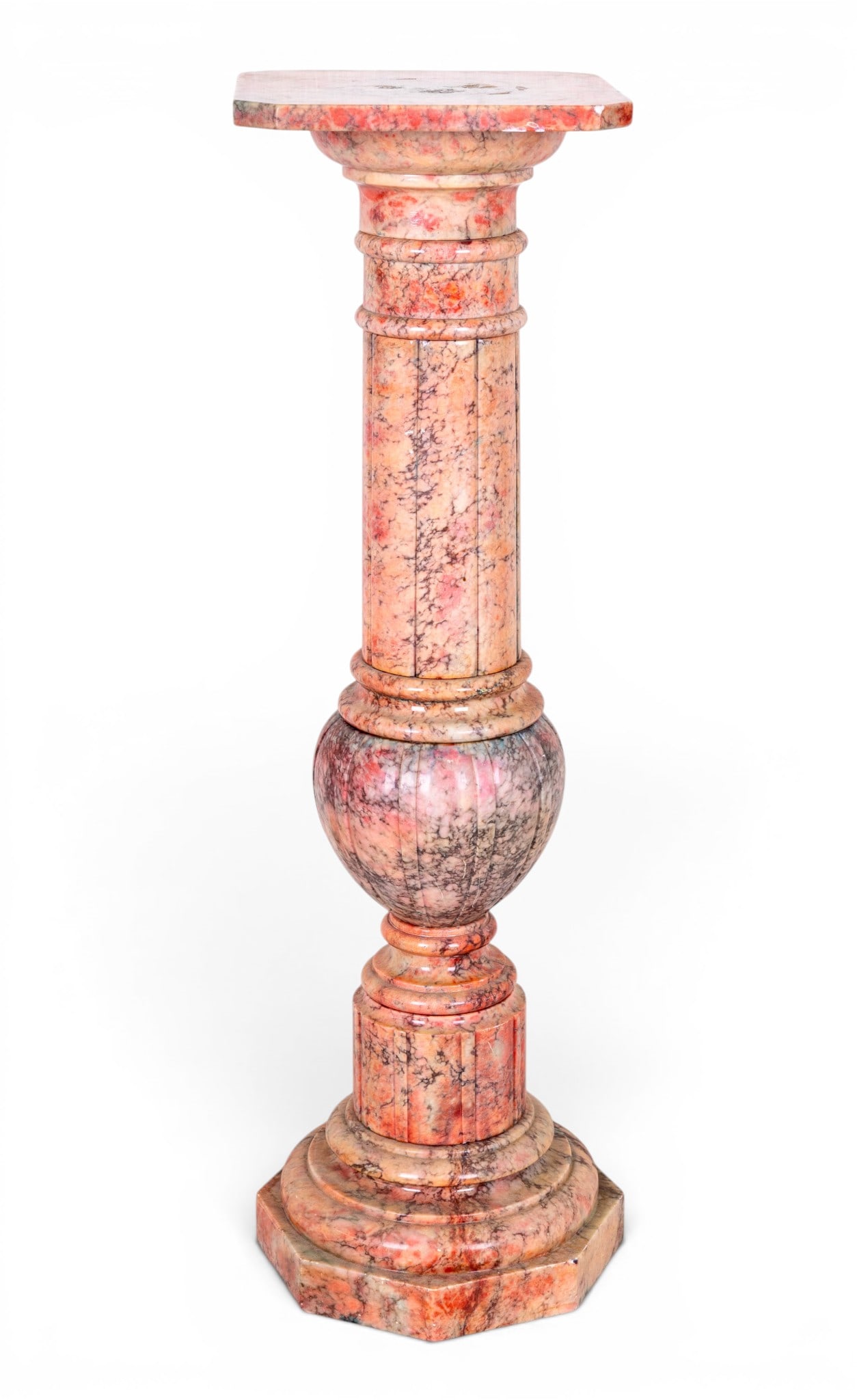 Carved Pink Marble Pedestal, Mary K. Interiors: A carved marble pedestal from Mary K. Interiors with square top measuring approx. 34.5" high x 10" square on top shelf. Some chips and wear as seen in photography.