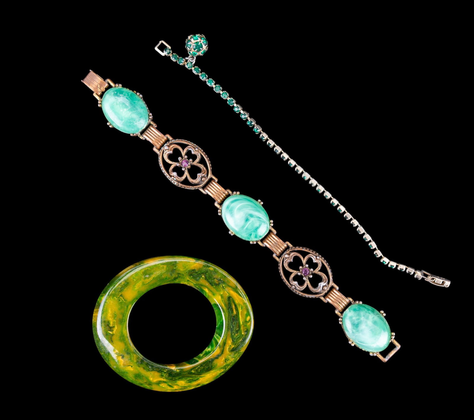 Vintage Weiss, Bakelite, Peking Glass, Pinback: Vintage marbled green and yellow Bakelite oval brooch from 1930's - 50's (3" x 2 1/2"), a vintage Albert Weiss & Co. 7" emerald colored rhinestone tennis bracelet with a matching ball charm (rare), a 