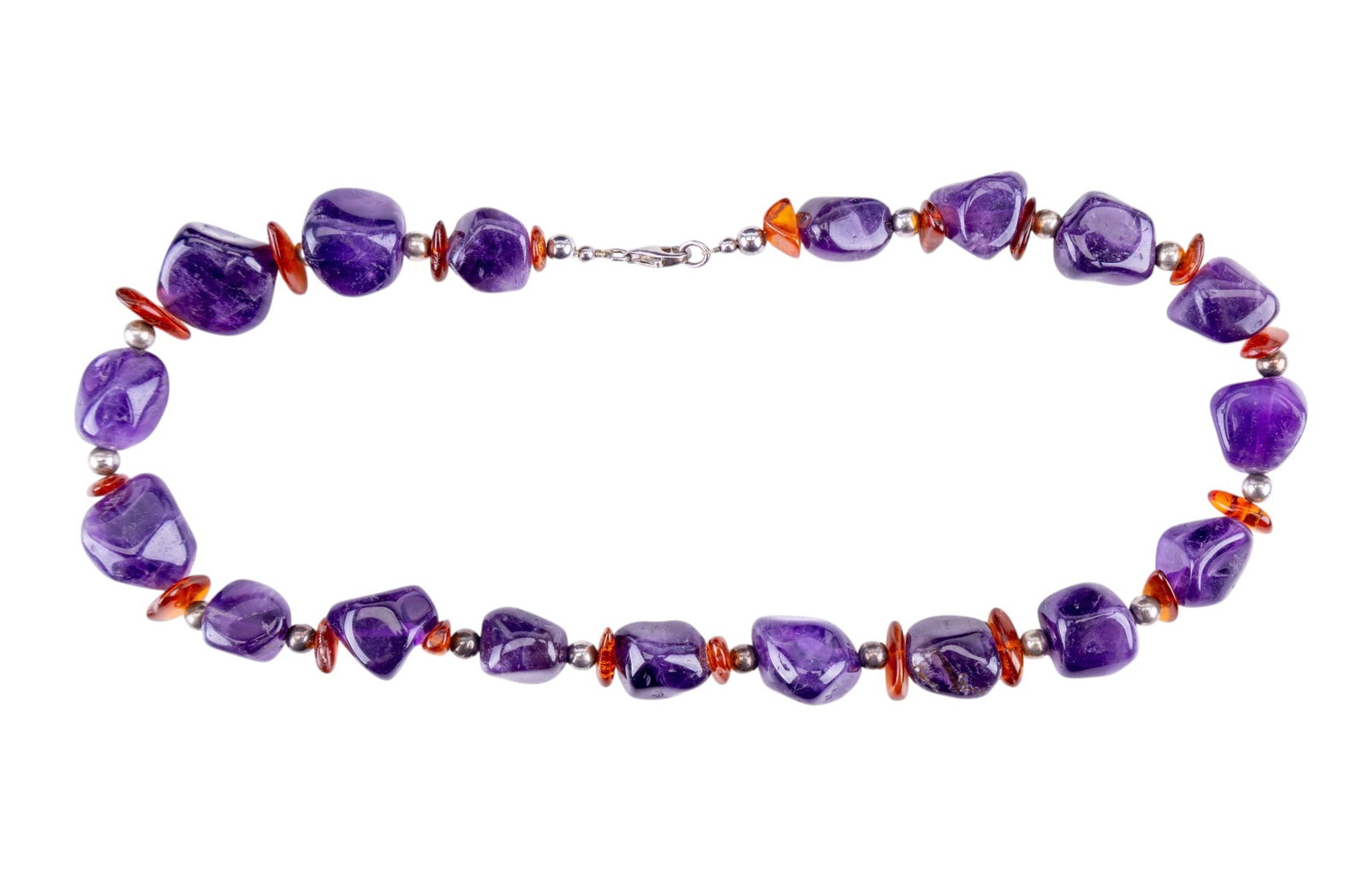 Amethyst, Amber, & Sterling: A polished deep purple amethyst chunky necklace with amber and sterling ball spacers. The necklace measures 18" and closes with a sterling silver lobster clasp.