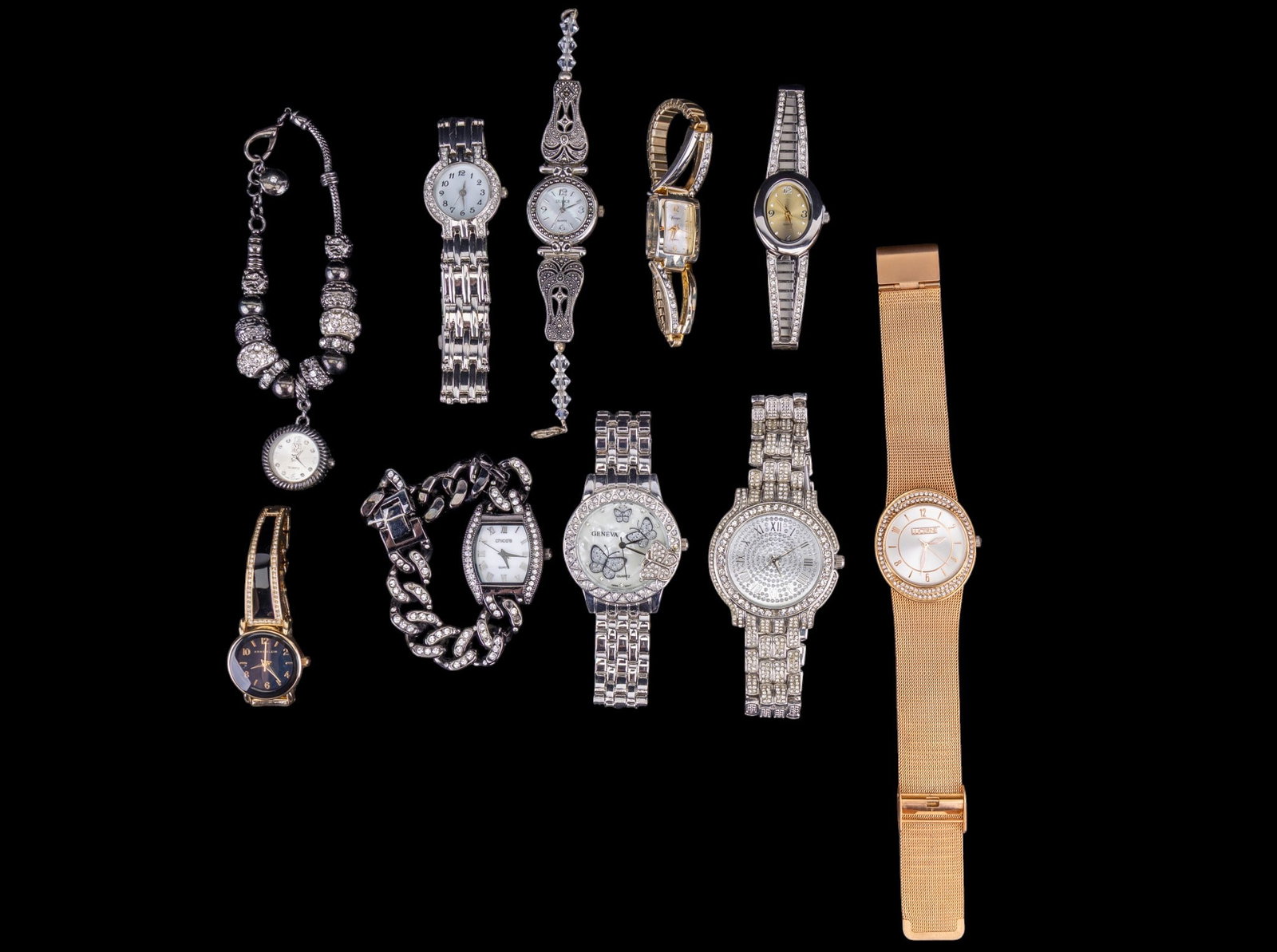 Blingy Crystal Ladies Watch Collection: A blingy collection of 10 ladies crystal and metal fashion watches. Gold and silver tones along with gun steel metals on an array of sparkling crystal accented quartz watches.