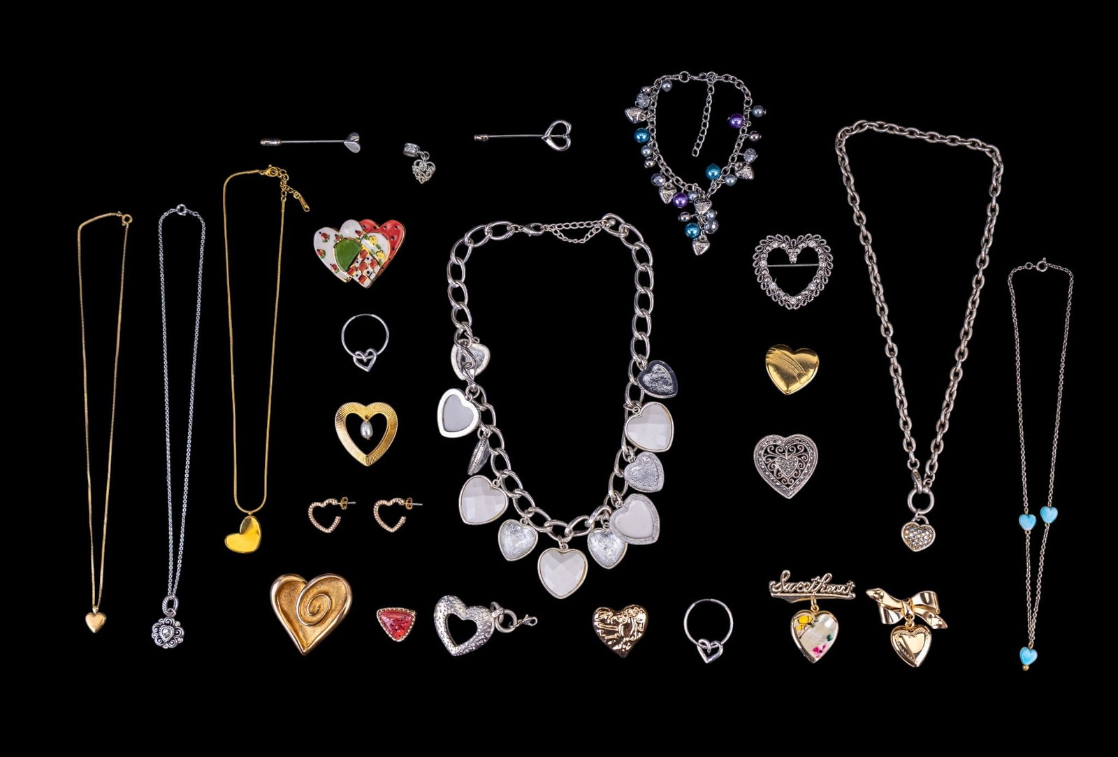 Heart Jewelry Vintage and Modern: Heart jewelry vintage and modern featuring a 1/20 14K 18" chain with a 1/2" 14KGF PPC locket, a heavy 1 7/8" solid heart pin with swirl design, an 18" gold tone necklace with a stainless steel layered