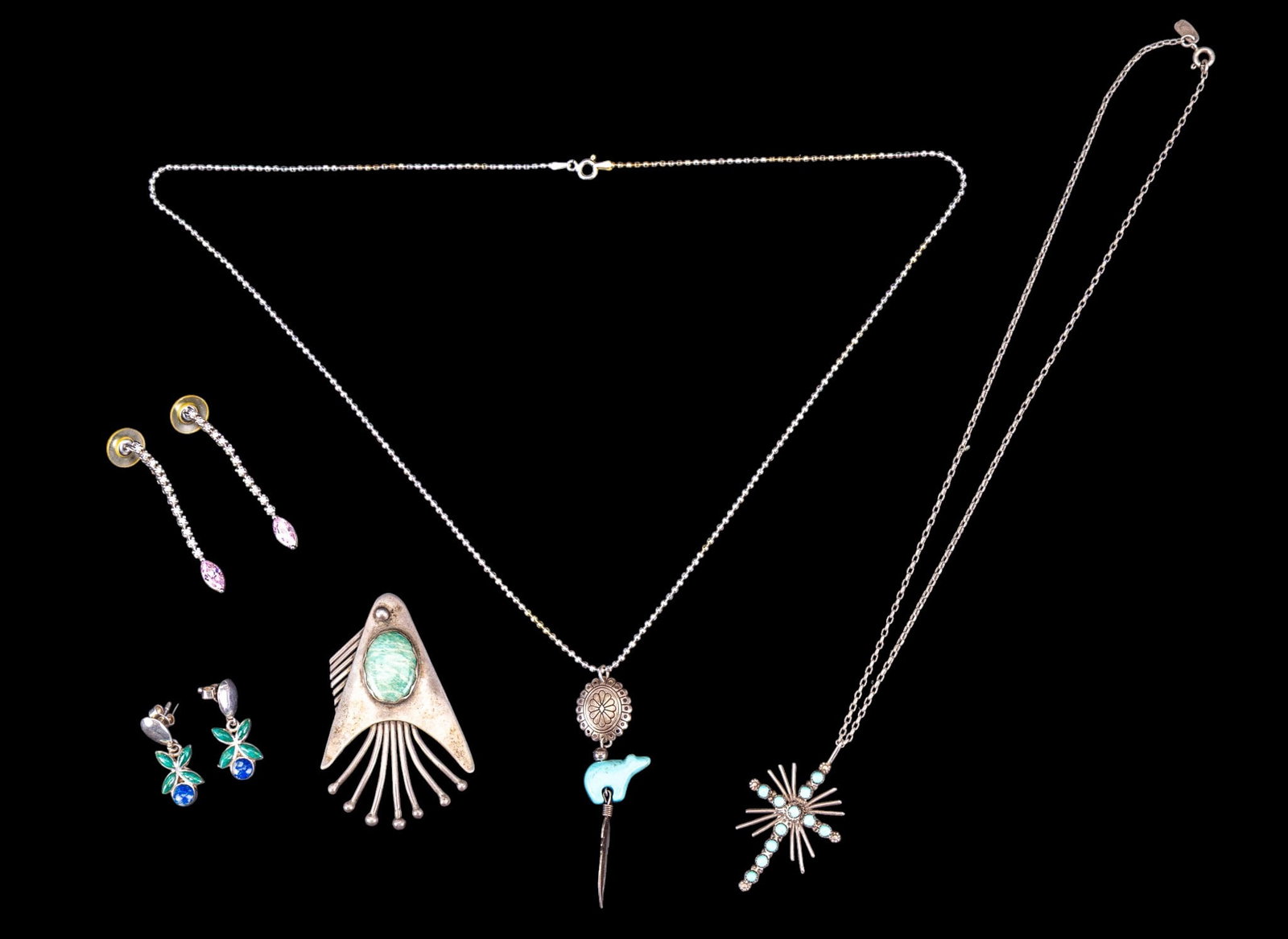 Sterling and Stone Jewelry: A collection of sterling silver jewelry including a signed artisan crafted brooch with amazonite cabochon, stud dangle earrings with tourmaline marquis cut stones, stud dangle earrings with malachite 