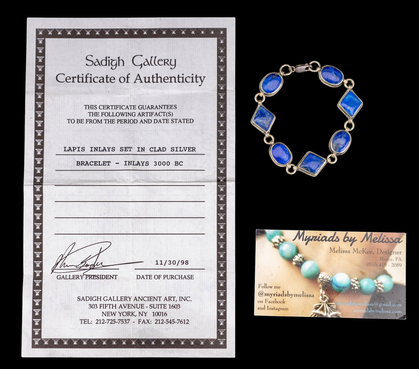 Silver and Lapis Lazuli Bracelet, w/ COA: A vintage bracelet featuring lapis lazuli inlaid on 'clad' silver, as per COA from Sadigh Gallery, clasp marked 925.