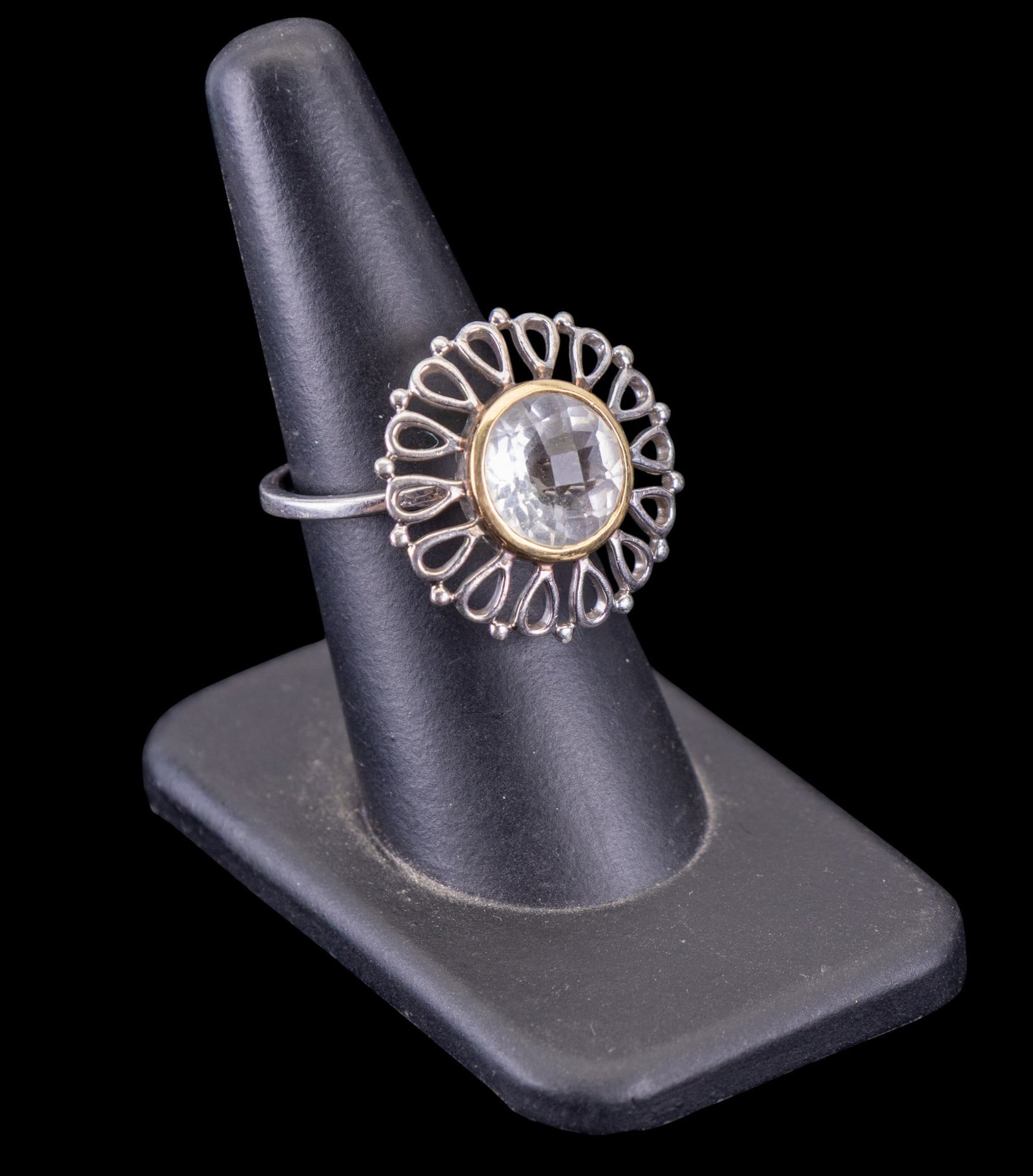 Sterling Silver Ring w/ 18K Accent (Size 7): A sterling silver ring with 18K gold accent, ring is size 7 with large cushion cut clear stone. Item marked on inside of band.