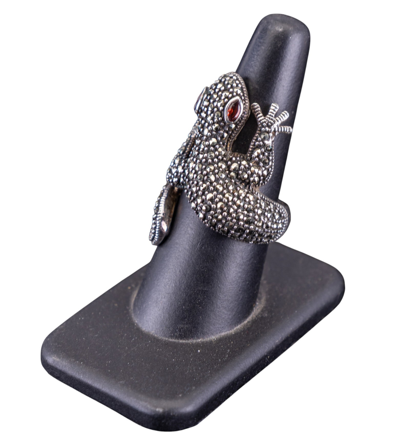 Sterling Silver Lizard Ring: Large sterling silver and marcasite wrape around lizard ring with garnet eyes.