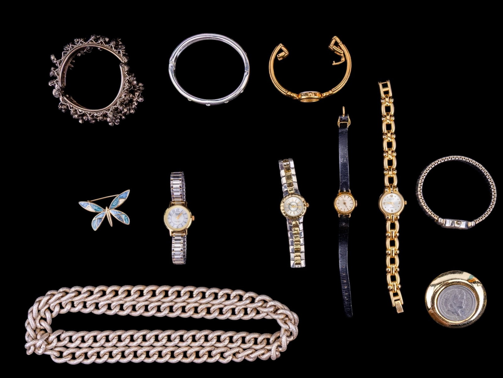 Ladies Wristwatches and Jewelry: Several modern ladies watches with Elgin, Acqua Indiglo, Timex, plus beaded and hinged costume bracelets, necklace and pin. Watches not in working condition.