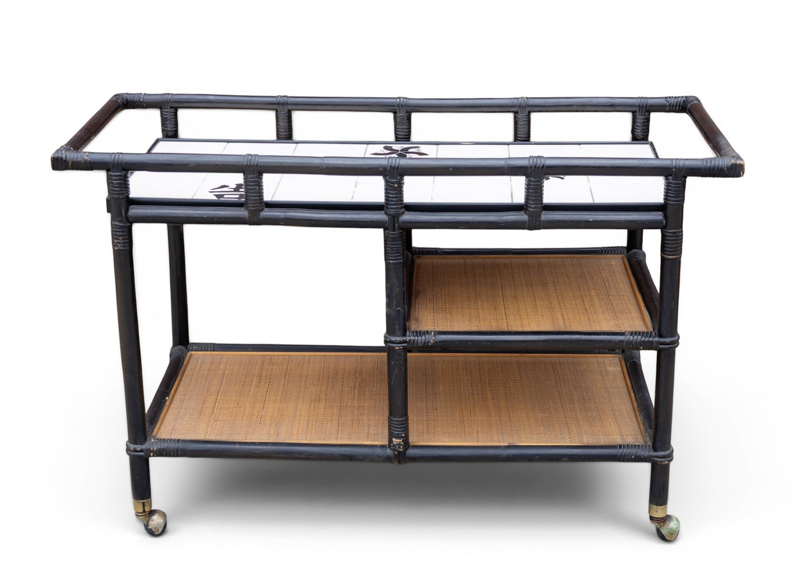 Rattan Bar Cart Attr John Wisner: Vintage tile-top bar cart with Asian character motifs (blue fans) and castor wheels, rattan and cane. Attributed to John Wisner designer circa 1950s, manufactured by Ficks Reed. Approx 51" W x 22" D x