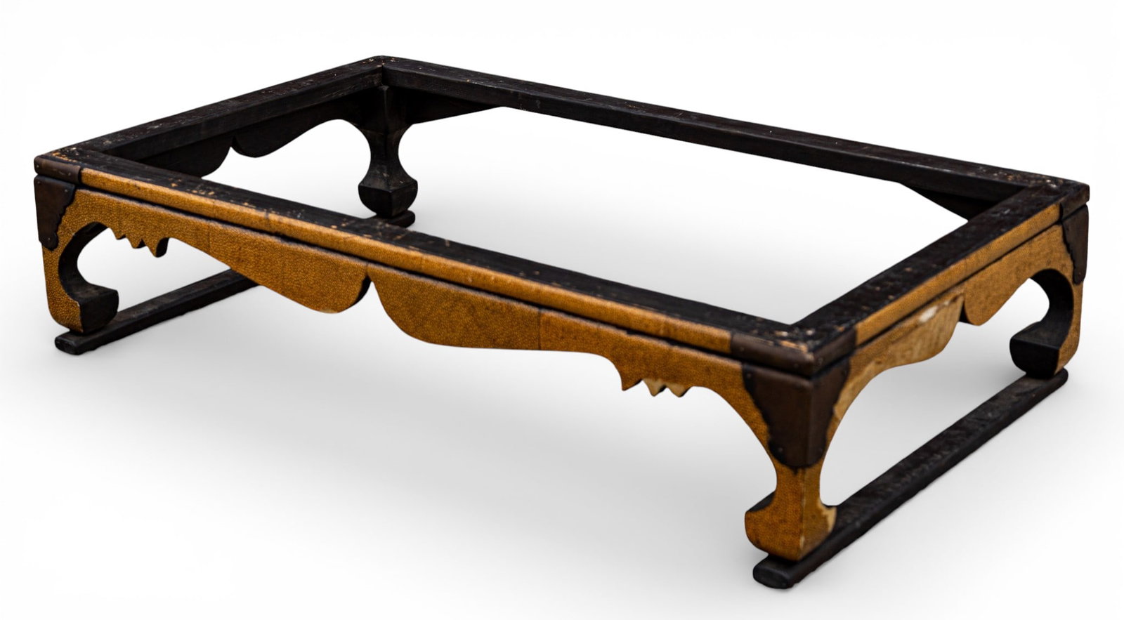 Korean Shagreen Furniture Stand: Rectangular Korean furniture stand / frame featuring shagreen-covered side panels with decorative scalloped cutout designs. The frame is primarily constructed from wood. Measures approx. 6" H x
