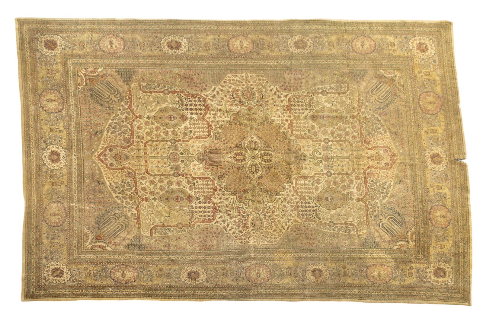 Antique Tabriz Room-Sized Rug: Antique Tabriz area rug, some loss to pile near center (see photos). 6" tear/split can be seen in middle of edge. Overall well kept for age and pre-owned condition. Measures approx. 11'9" x 15'2".