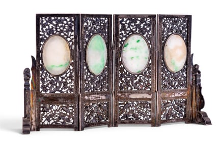 Chinese Silver Jade Miniature Panel Screen
