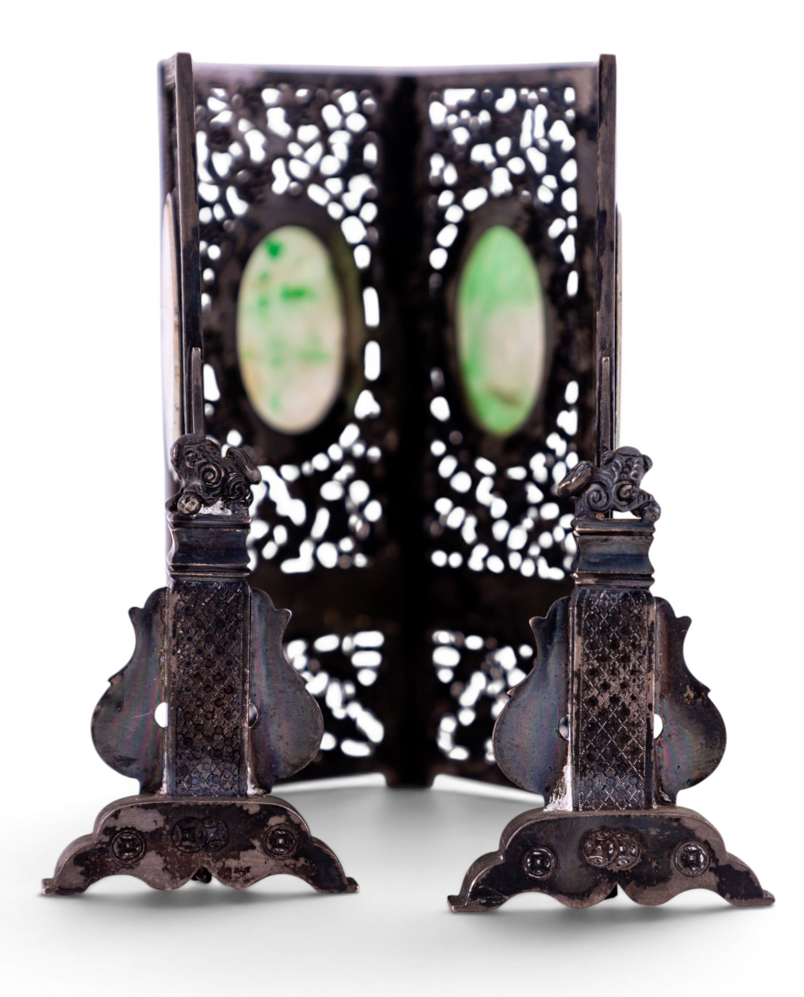 Chinese Silver Jade Miniature Panel Screen - 3
