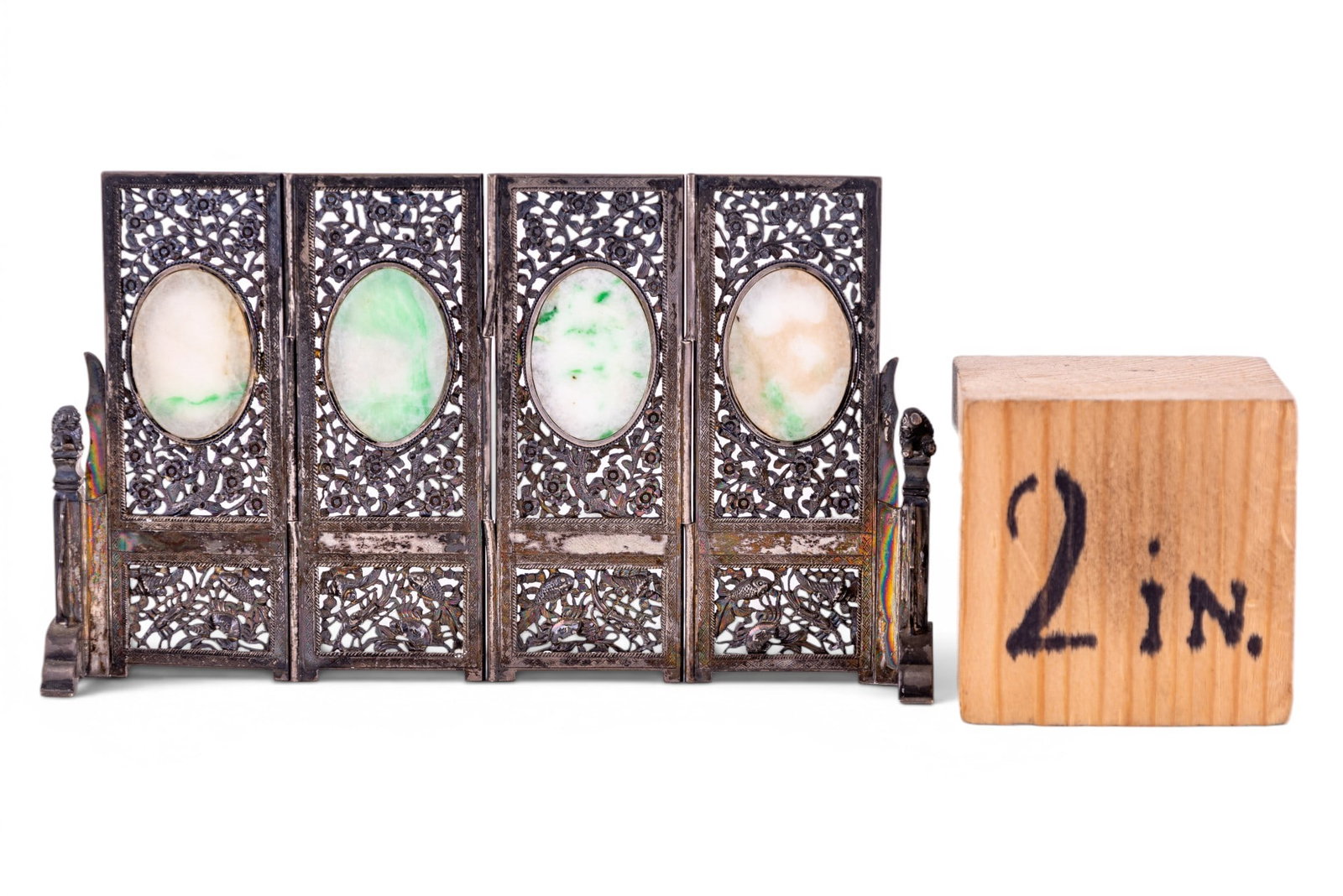 Chinese Silver Jade Miniature Panel Screen - 9