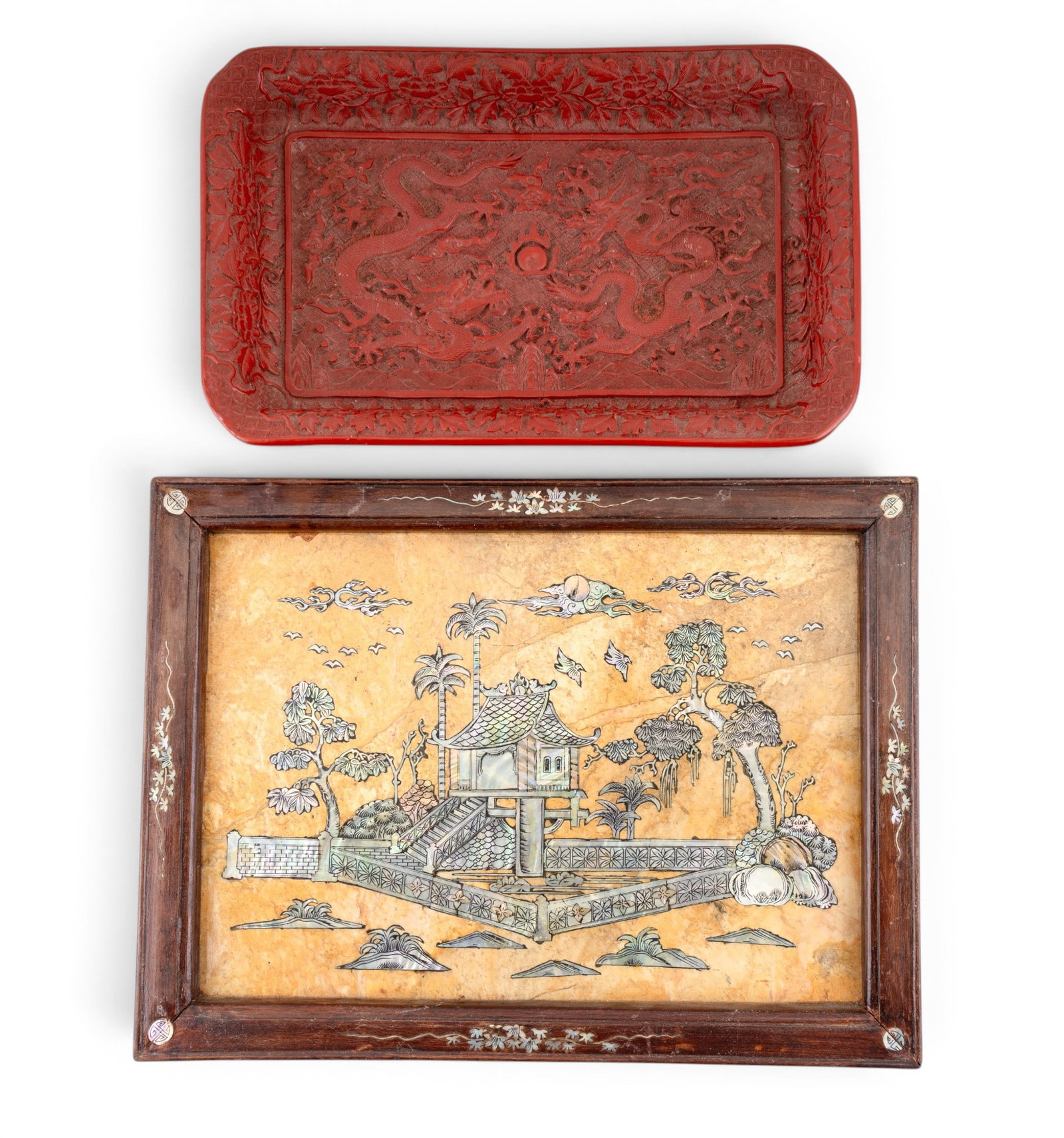 Chinese Cinnabar Tray, Marble MOP Plaque: A marble mother of pearl plaque measuring approx. 14.5" x 11" OD in frame depicting treehouse scene, along with a cinnabar dragon tray measuring approx. 12" x 7.5".