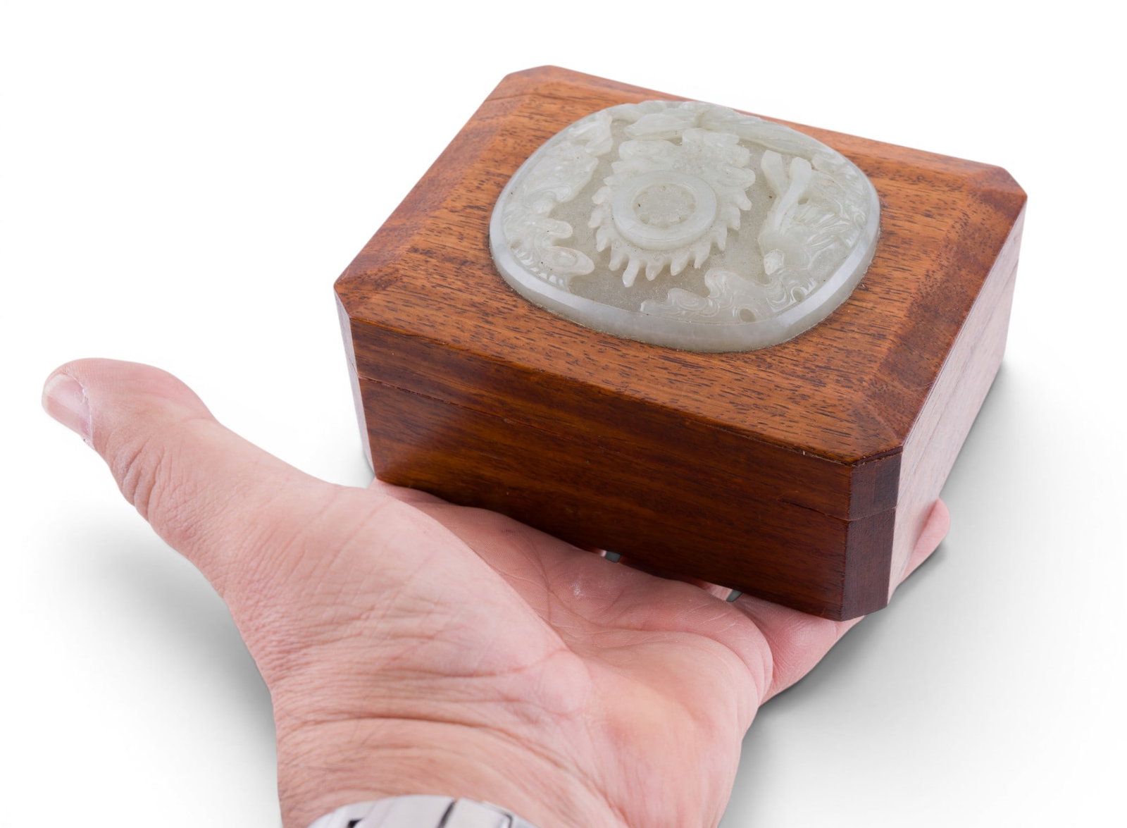 Chinese Carved Jade Medallion Lidded Box - 8