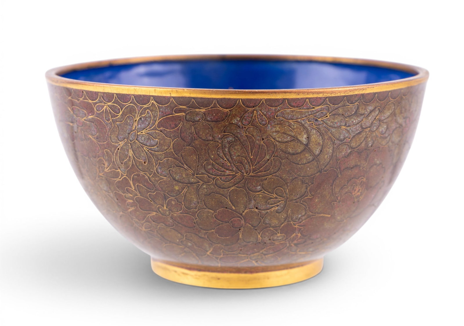 Japanese Cloisonne Enamel Bowl/ Signed: Japanese Cloisonne enamel bowl with deep cobalt blue enamel interior and wired exterior decorated with stylized floral and foliate motifs. Gilt metal rim with and foot. Signed to underside. Measures