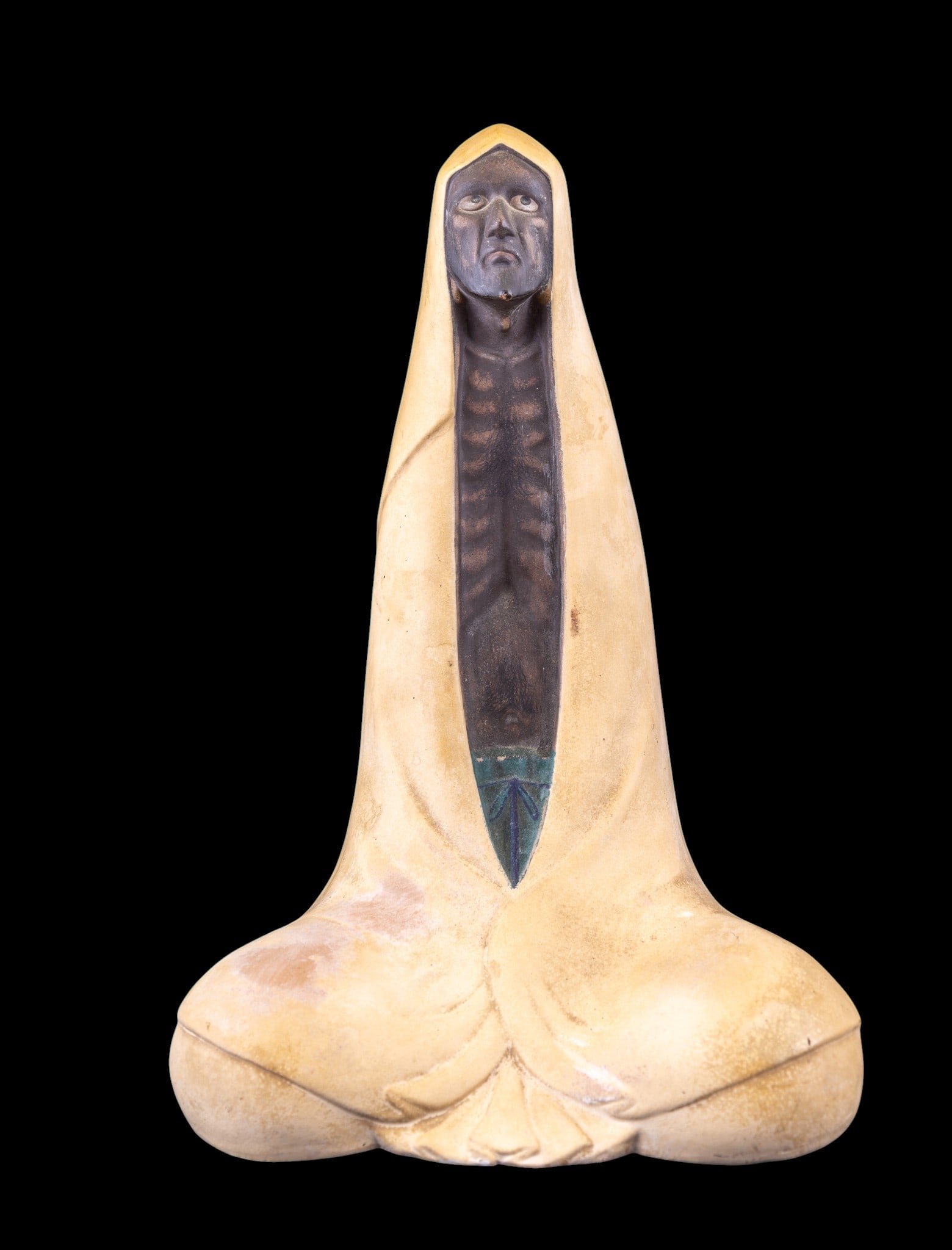 Hakata Urasaki Pottery Figural Sculpture: Hakata Urasaki pottery figural sculpture, depicting Bodhidharma form with elongated neck and somber facial expression. Matte earthenware body. Signed to underside in marker. Measures approx. 11" Tall.
