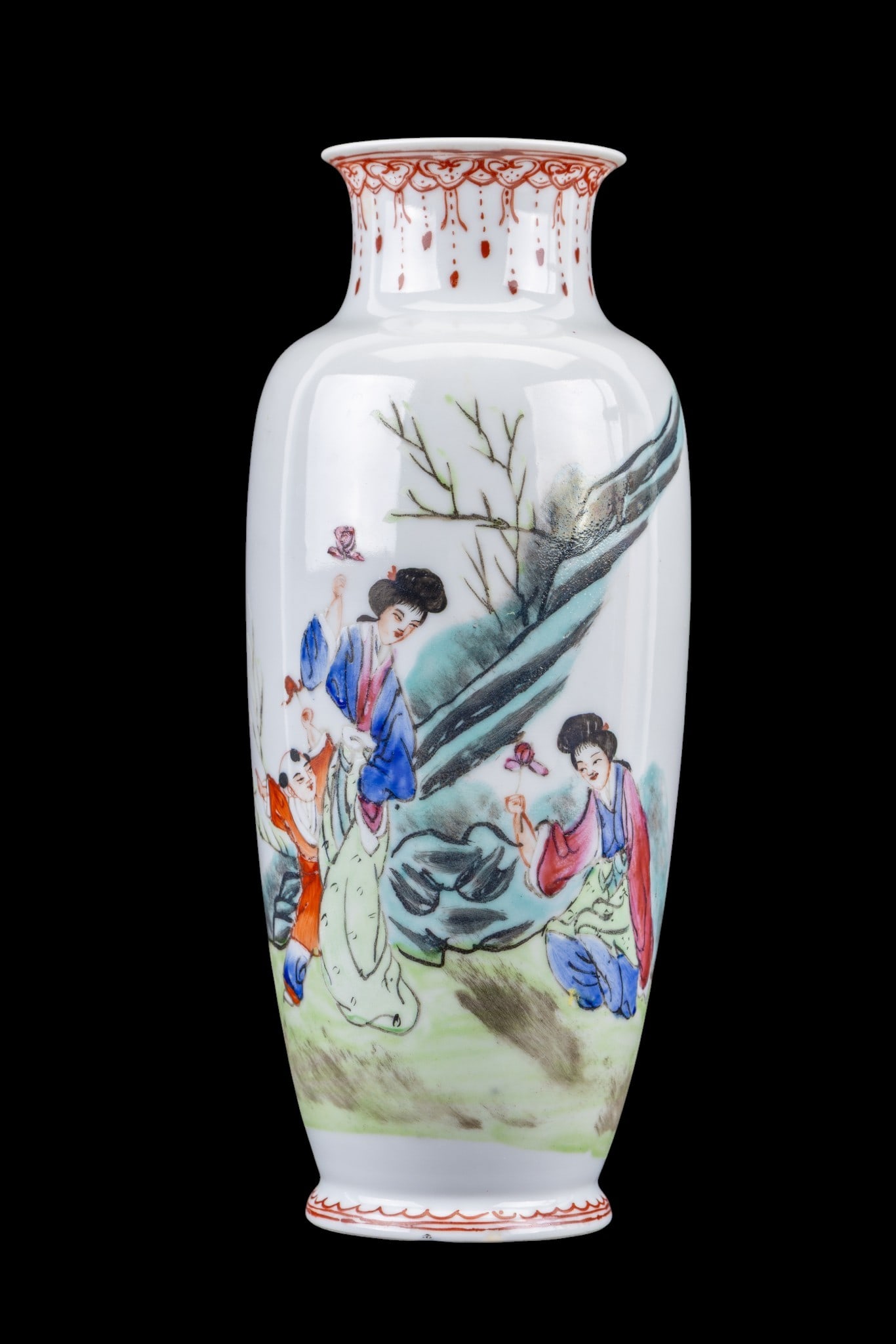 Chinese Republic Period Porcelain Vase: Chinese Republic period porcelain baluster vase, hand painted with figural courtyard scene and iron red decorative borders, bearing red seal marks to body and underside. Glazed porcelain with famille