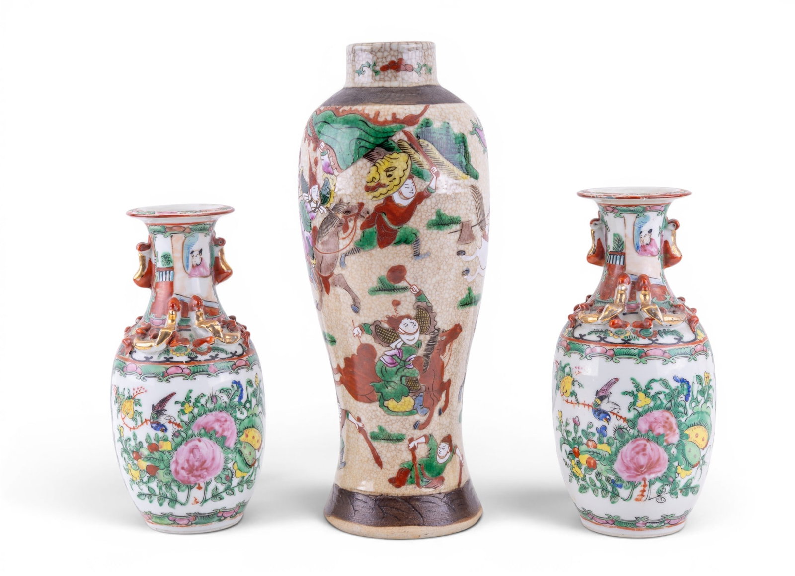 3 Chinese Porcelain Vases: 3 Chinese porcelain vases, including a pair of famille rose examples with figural and floral decoration and one crackle-glazed vase depicting warriors in combat scenes. Crackle glazed vase features