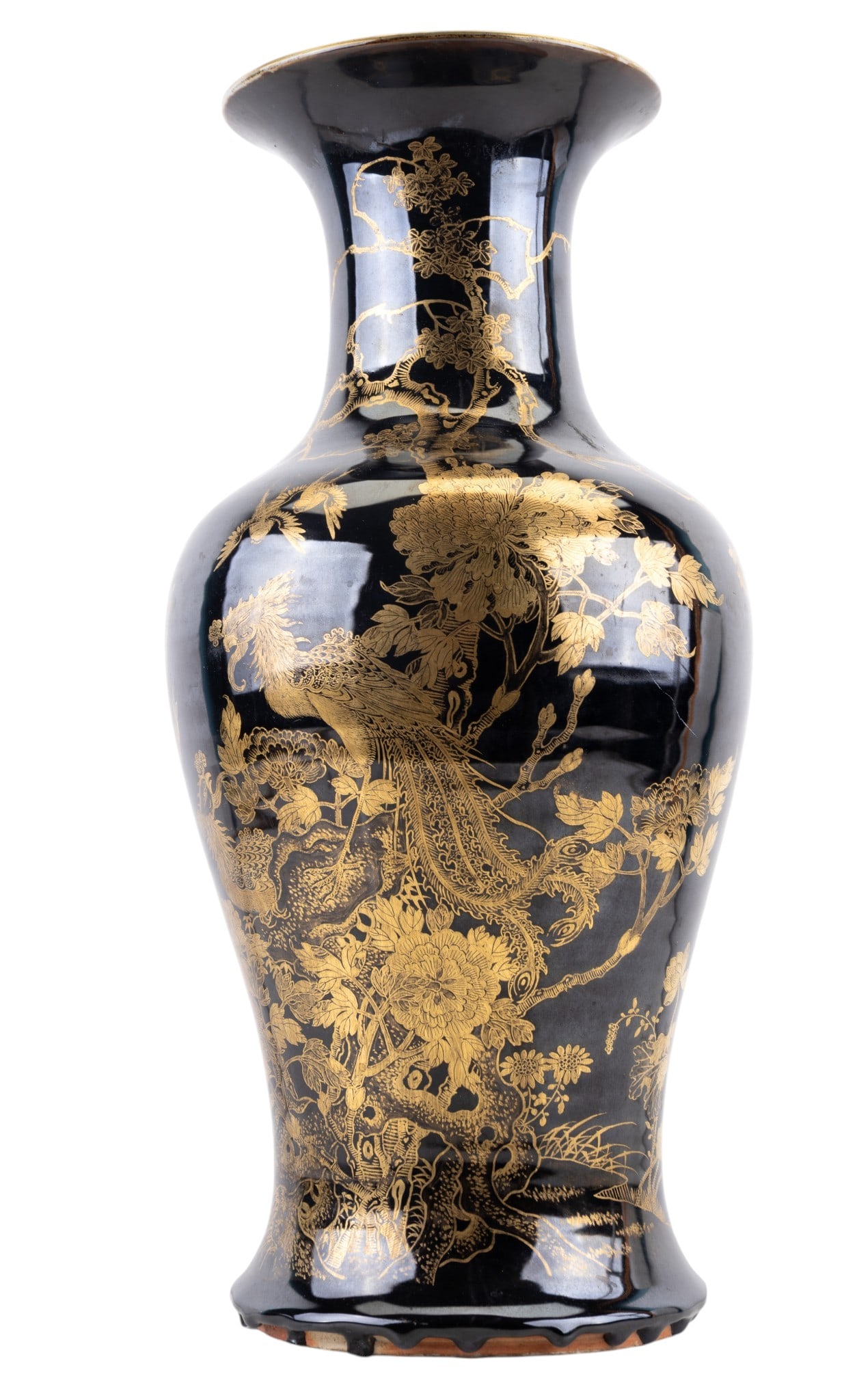 Chinese Mirror Black Glazed Porcelain Vase: Chinese mirror black glazed porcelain vase, decorated in gilt with phoenix, flowering branches, birds, and landscape motifs. Baluster form with flared rim. Underside with central drill hole. Measures