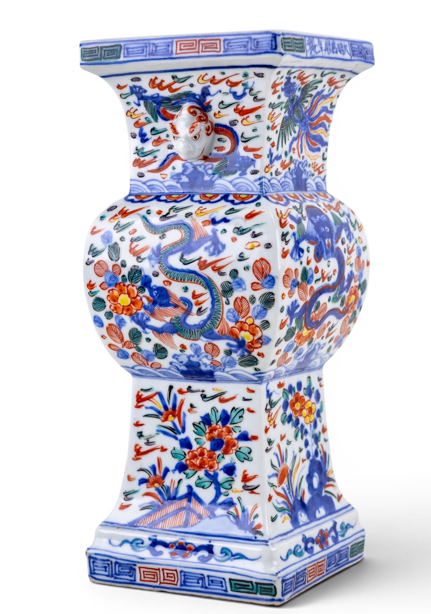 Antique Wucai Porcelain Dragon & Phoenix Vase : Antique Chinese Wucai Porcelain Dragon & Phoenix Vase, measures approx. 9.5" H x 4" D x 4" W. Note slight shallow rim chip on the bottom, not visible when upright.