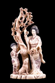 Asian Carved Figure of Woman, Child & Dog