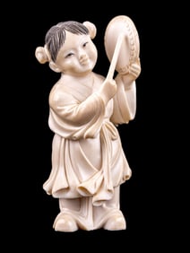 Antique Carved Figure of Girl with Hand Drum