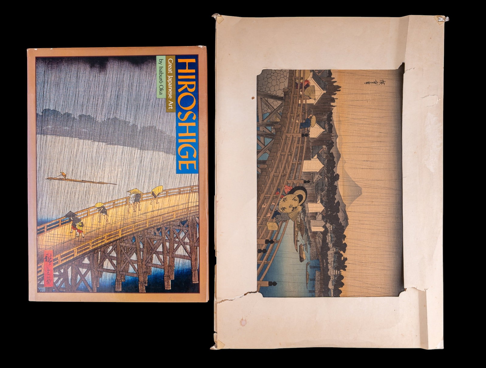 Utagawa Hiroshige (JP1797-1858) Woodblock & Book: A woodblock print titled 'Rain at Nihonbashi Bridge' by Utagawa Hiroshige (Japanese 1797-1858), measures approx. 15" W x 10" H. Also included is a Hiroshige: Great Japanese Art coffee table book by Is