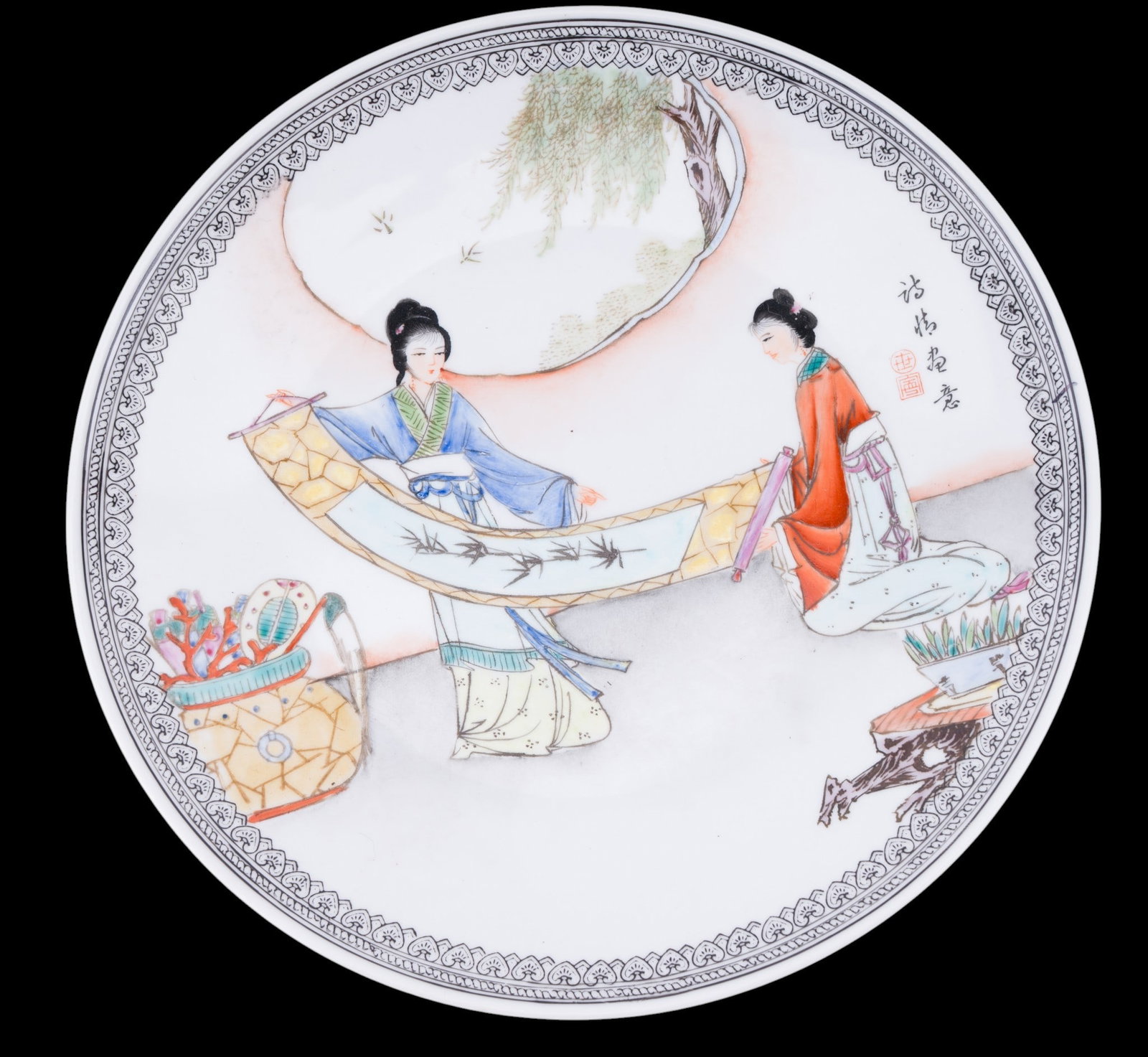 Chinese Porcelain Painted Plate, Jingdezhen Mark: A Chinese porcelain painted plate depicting two women holding a scroll, with Chinese script on front of plate and orange Jingdezhen mark on back. Plate measures approx. 10.5" diameter.