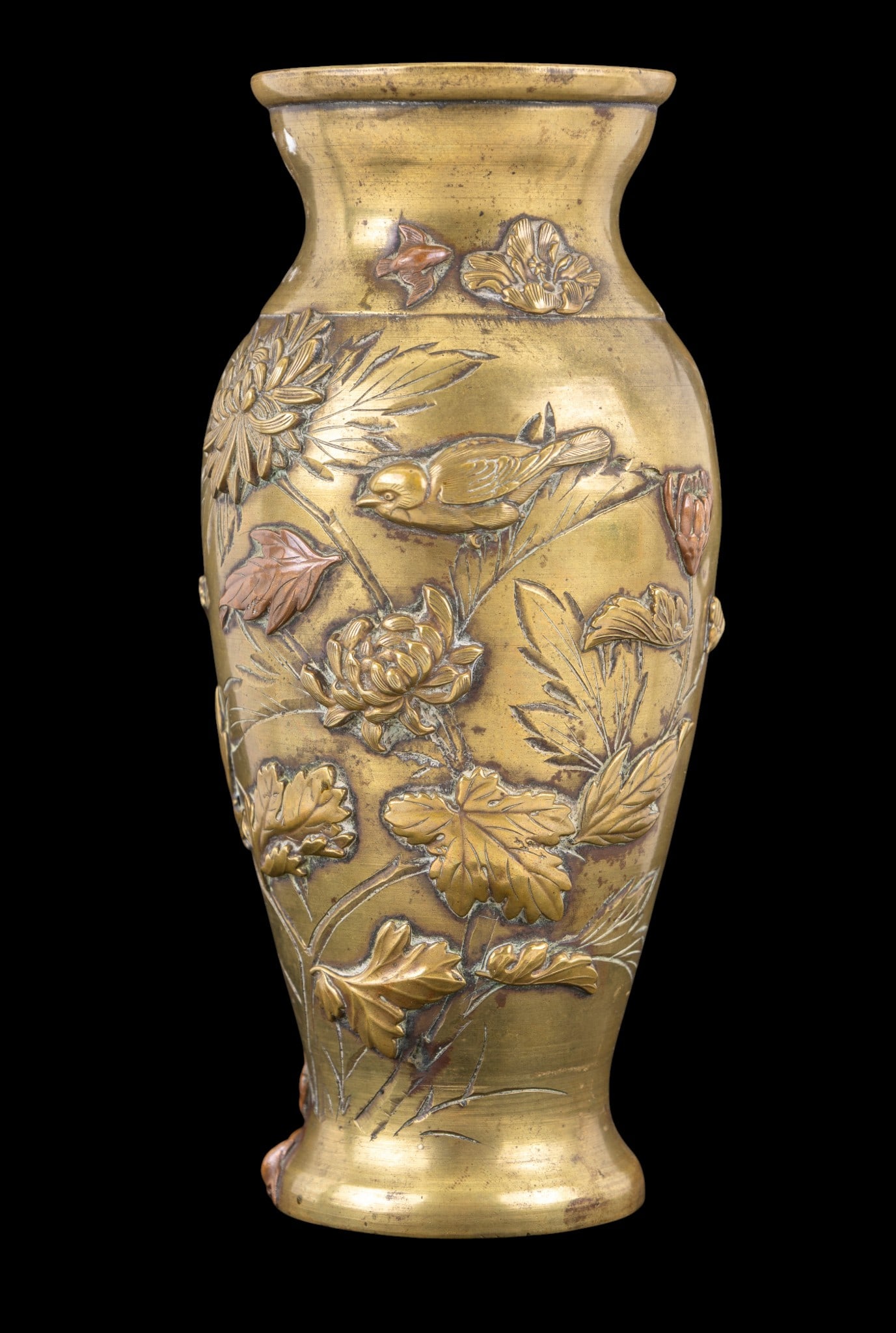 Antique Japanese Bronze Inlaid Vase: Japanese bronze vase in baluster form, featuring high relief designs of floral elements, butterflies, and birds. Measures approx. 7" H.