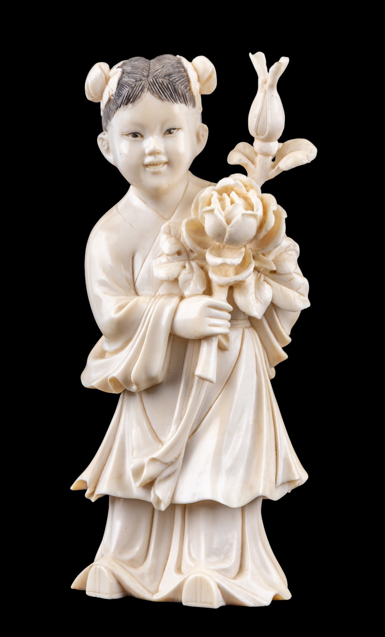 Antique Carved Chinese Girl with Flowers  (1 of 6)