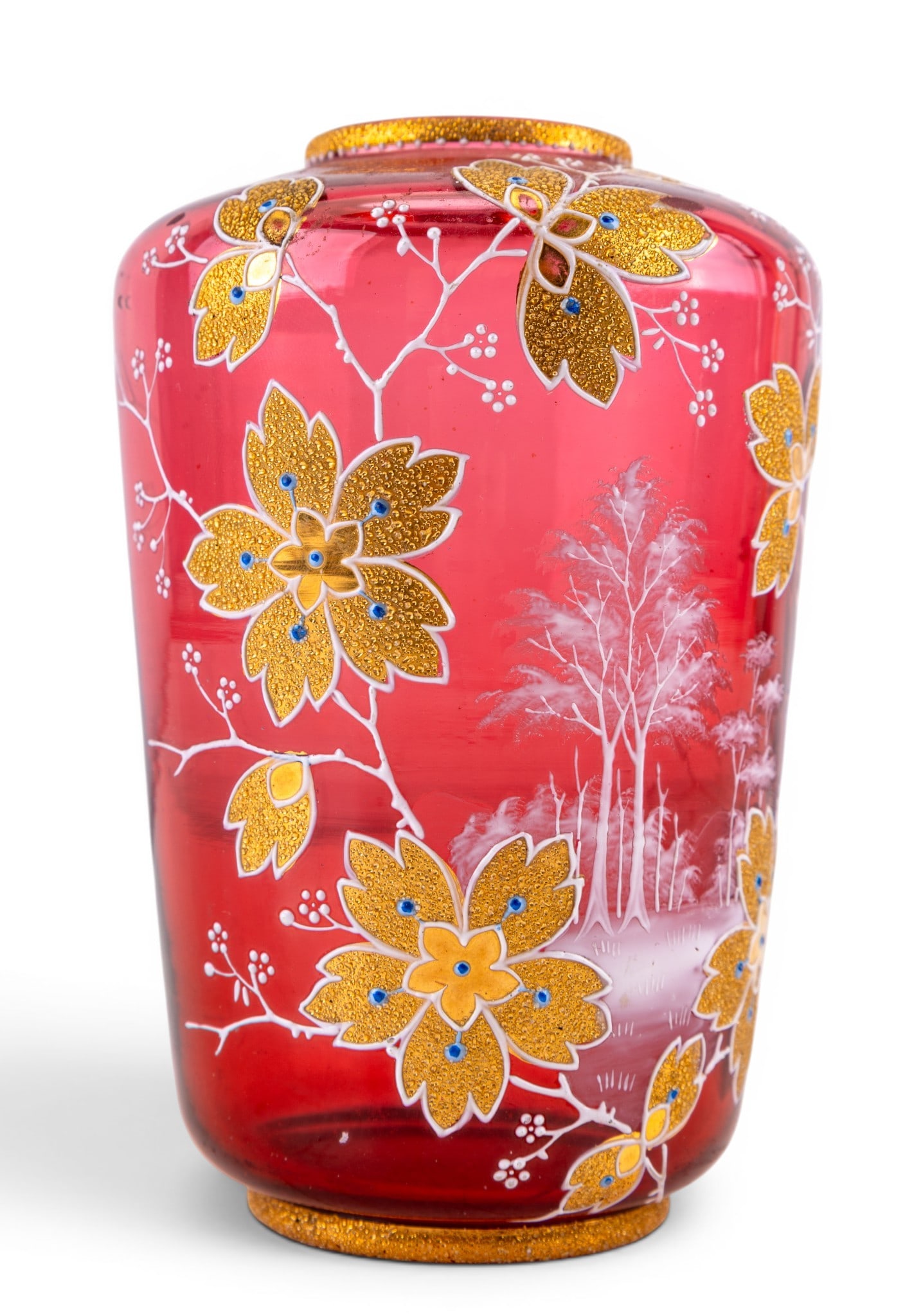 Antique Bohemian Red Glass Vase, Gold Paint (1 of 6)