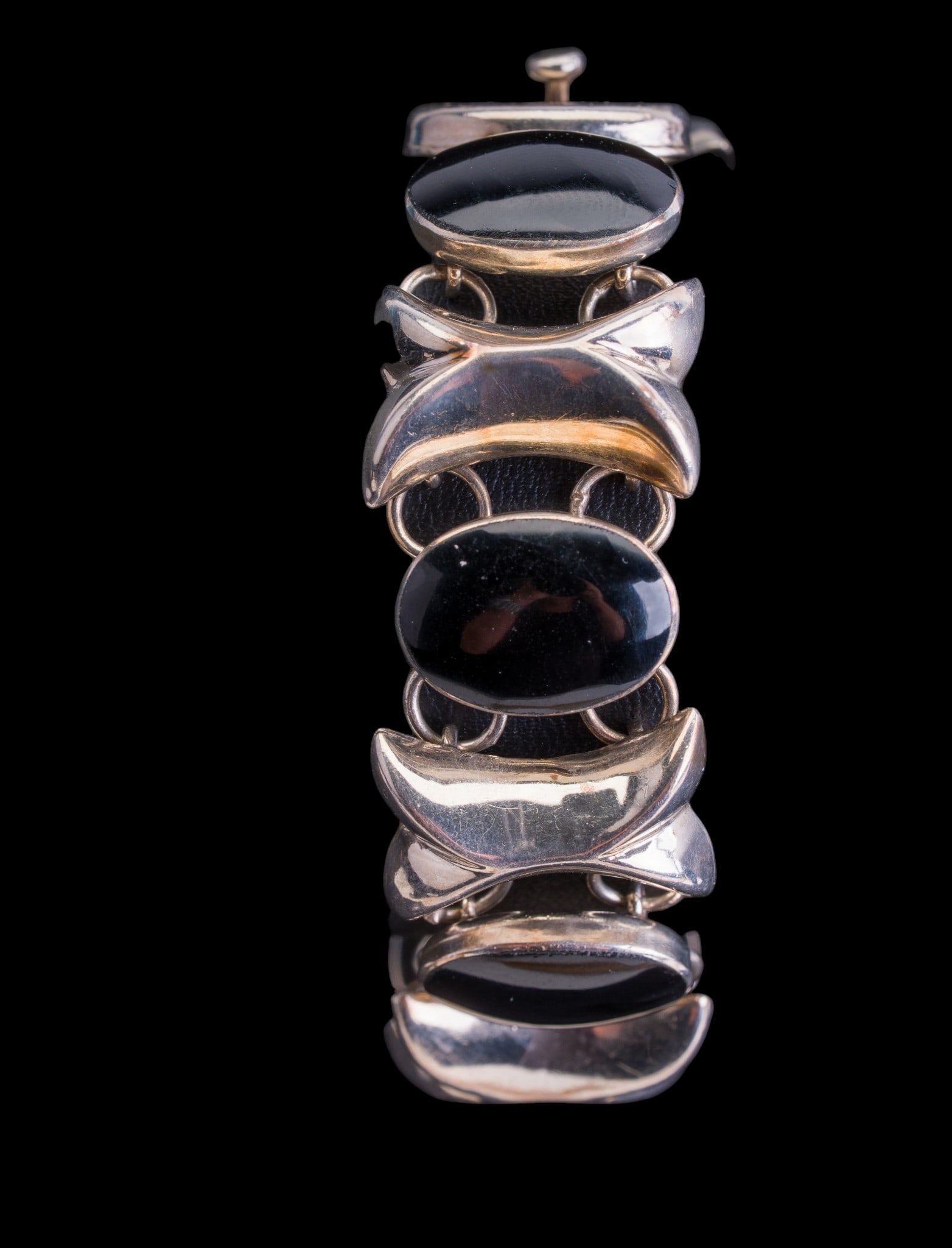 Sterling Silver Bracelet Black Onyx w/ Gems: Sterling Silver Bracelet with Black Onyx Gems Mexico CI 44 grams 