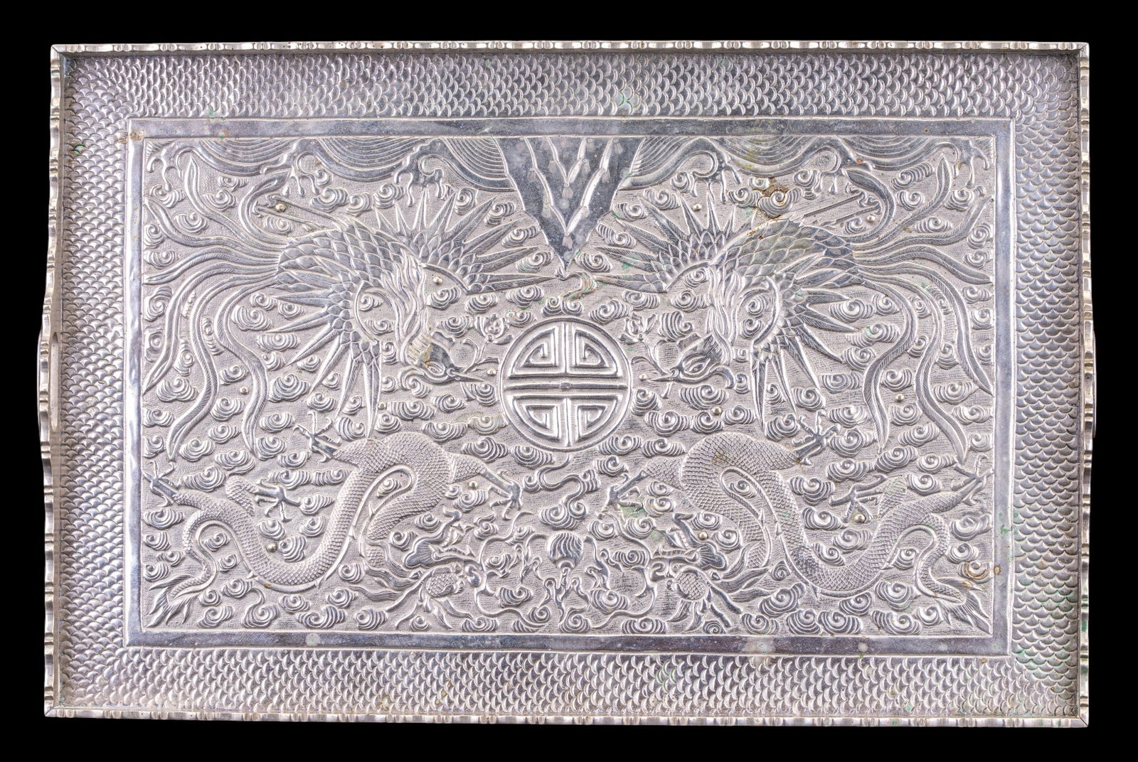 Chinese Repousse Silver-Tone Metal Tray (1 of 8)