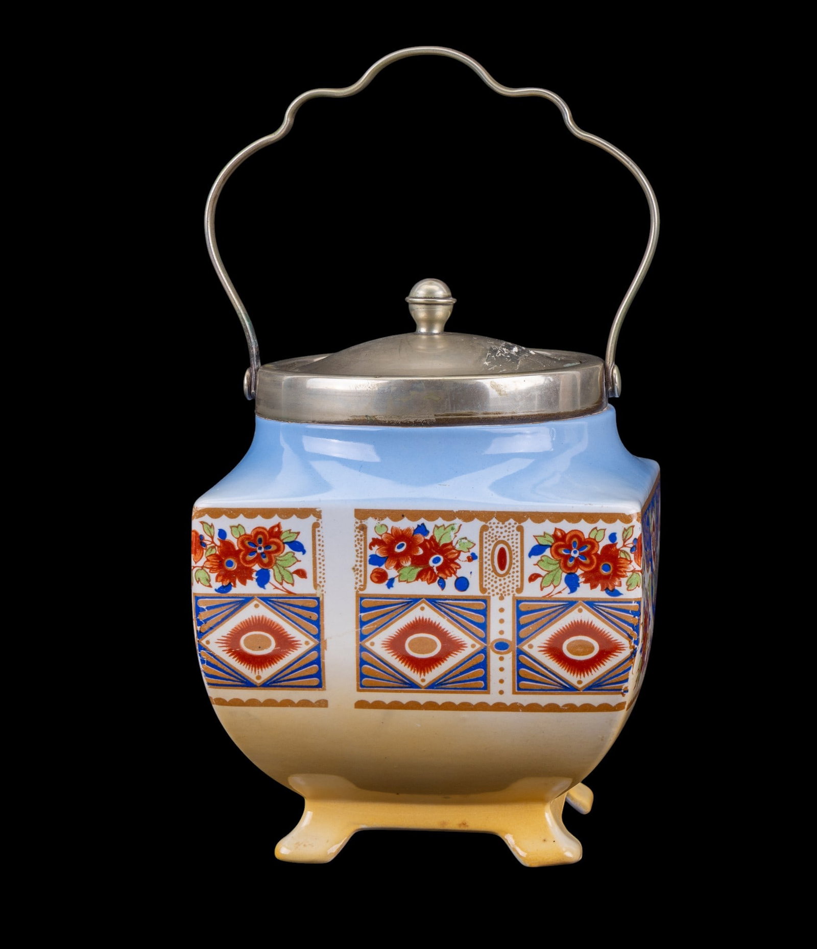 Lancaster & Sons Hanley Chinoiserie Biscuit Jar: An early 20th C Lancaster & Sons ceramic biscuit jar featuring an EPNS lid and handle and a chinoiserie style decoraative pattern, measures approx. 5" W x 5" D x 6.5" H.