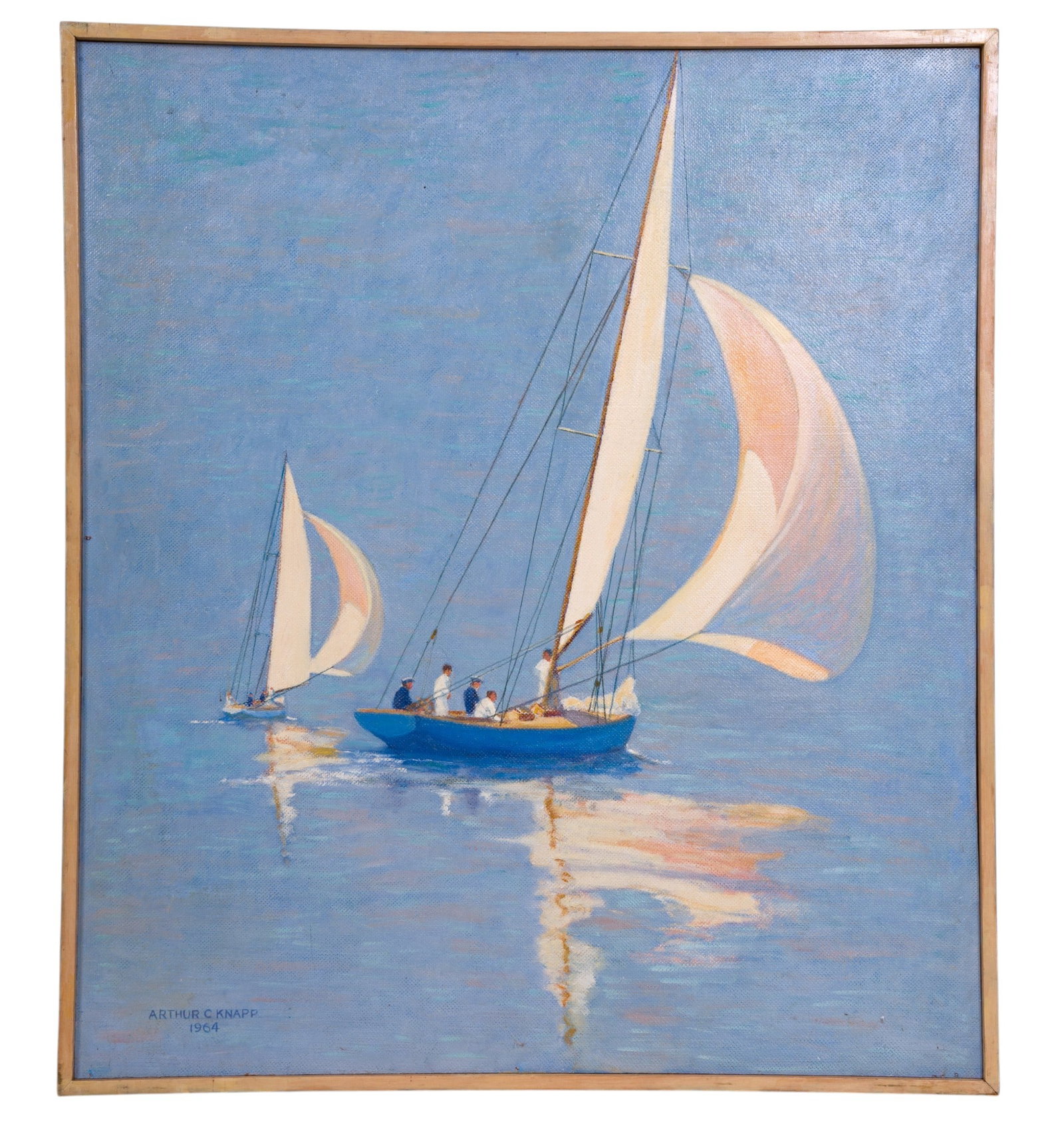 Signed Knapp O/C "Yellow Spinnakers": Oil on canvas painting depicting 2 sailboats, one boat with people aboard. Signed in print bottom left "Arthur C. Knapp 1964". Frame measures approx. 28.5" W x 33" H OD.