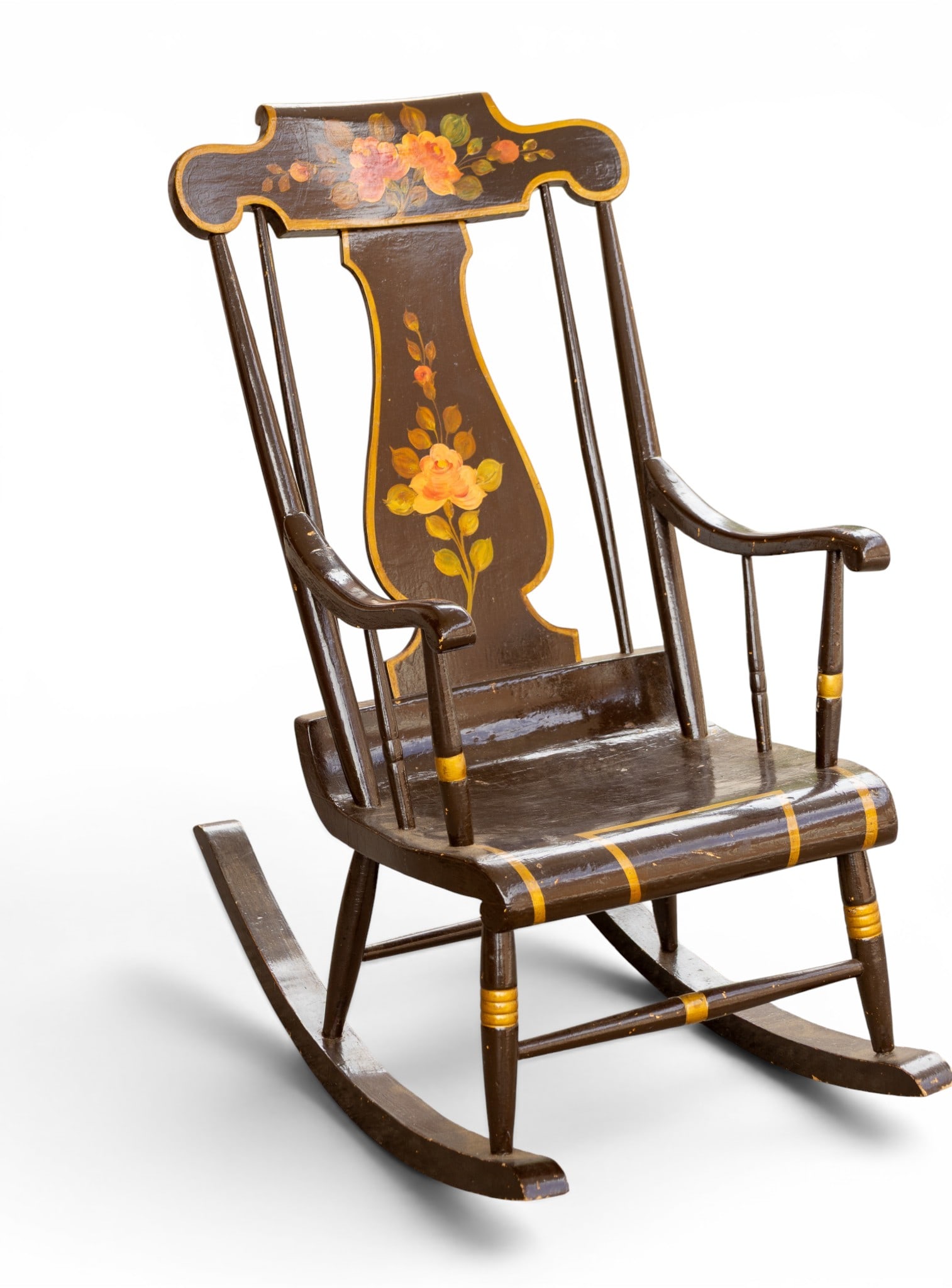 Black and Floral Painted Rocking Chair: Wooden rocking chair featuring a rich dark finish and hand-painted floral designs on the backrest and seat panel. The tall backrest tapers to a decorative crest, adorned with vibrant roses and foliage