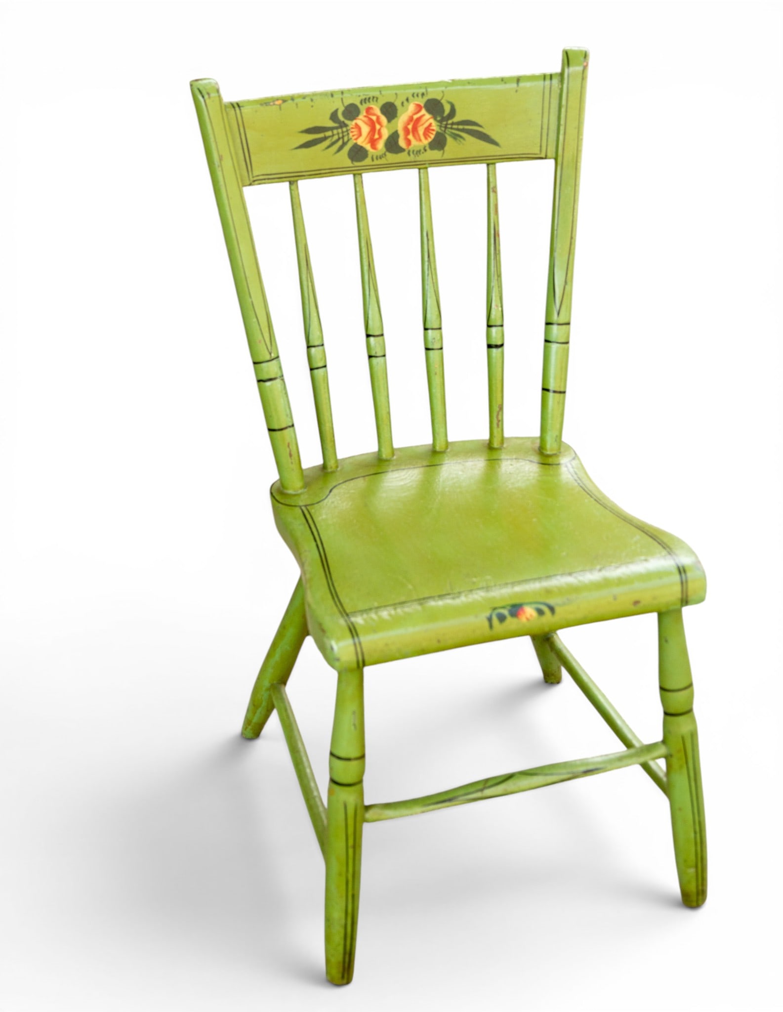 Green and Floral Painted Wood Chair: Green-painted wooden chair featuring a spindle backrest and a hand-painted floral motif with red roses on the top rail. The chair measures approximately 15.5" W x 17" D x 32" H.