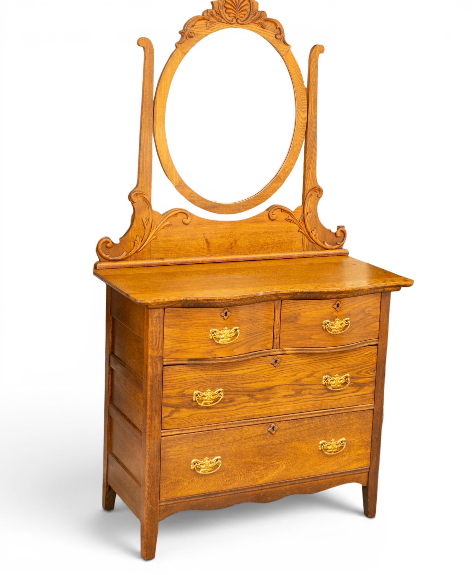 Oak Dresser with Mirror and Knapp Joints: Oak dresser featuring four drawers constructed with Knapp joints, a distinctive late 19th-century technique. Includes an ornately carved attached mirror measuring approximately 37 in wide x 36 in high