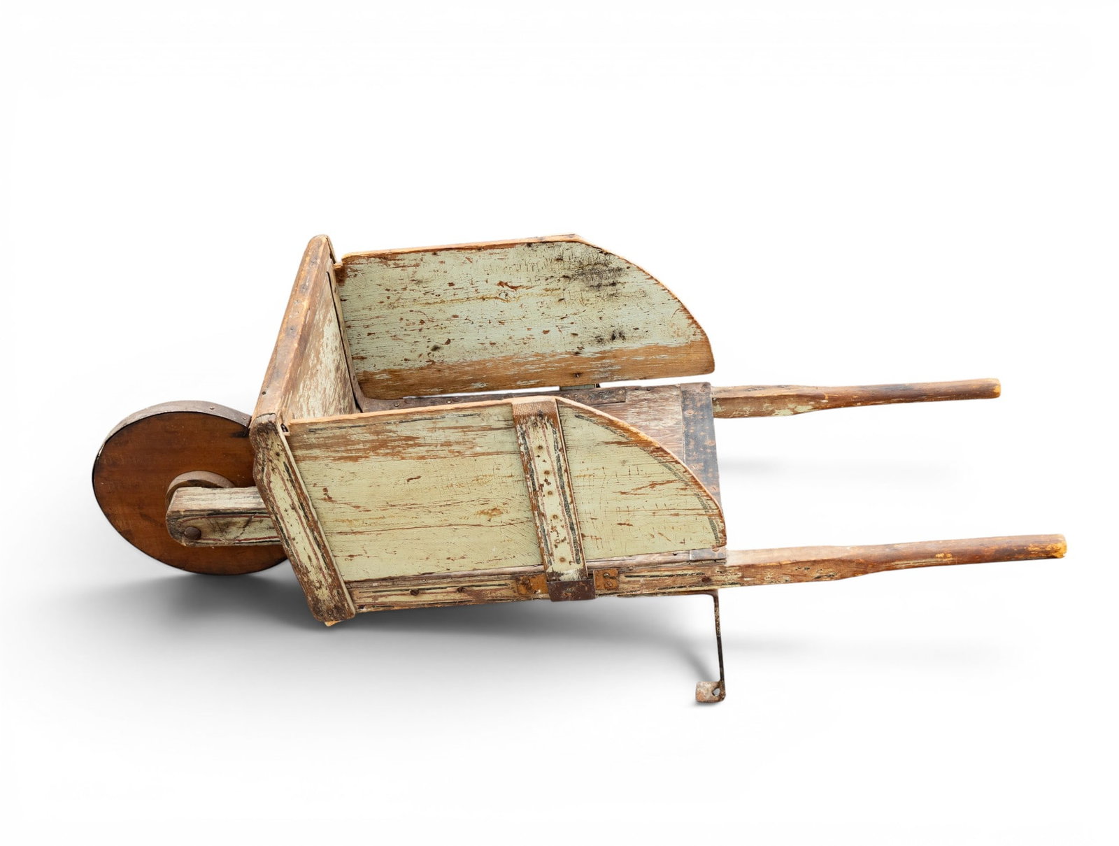 Antique Wood Wheel Barrow: Vintage one-wheel painted and stenciled wheelbarrow.